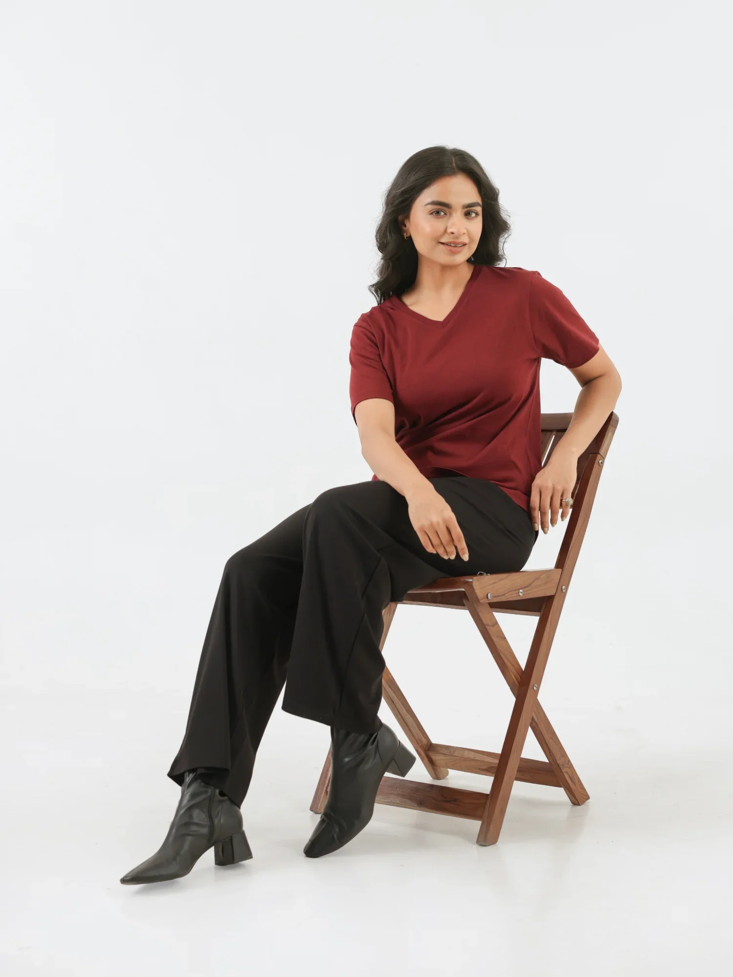 Women Maroon V-neck T-shirt - Image 10