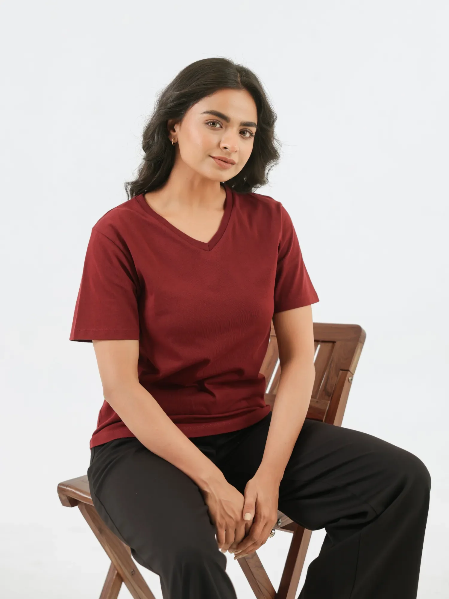 Women Maroon V-neck T-shirt - Image 8