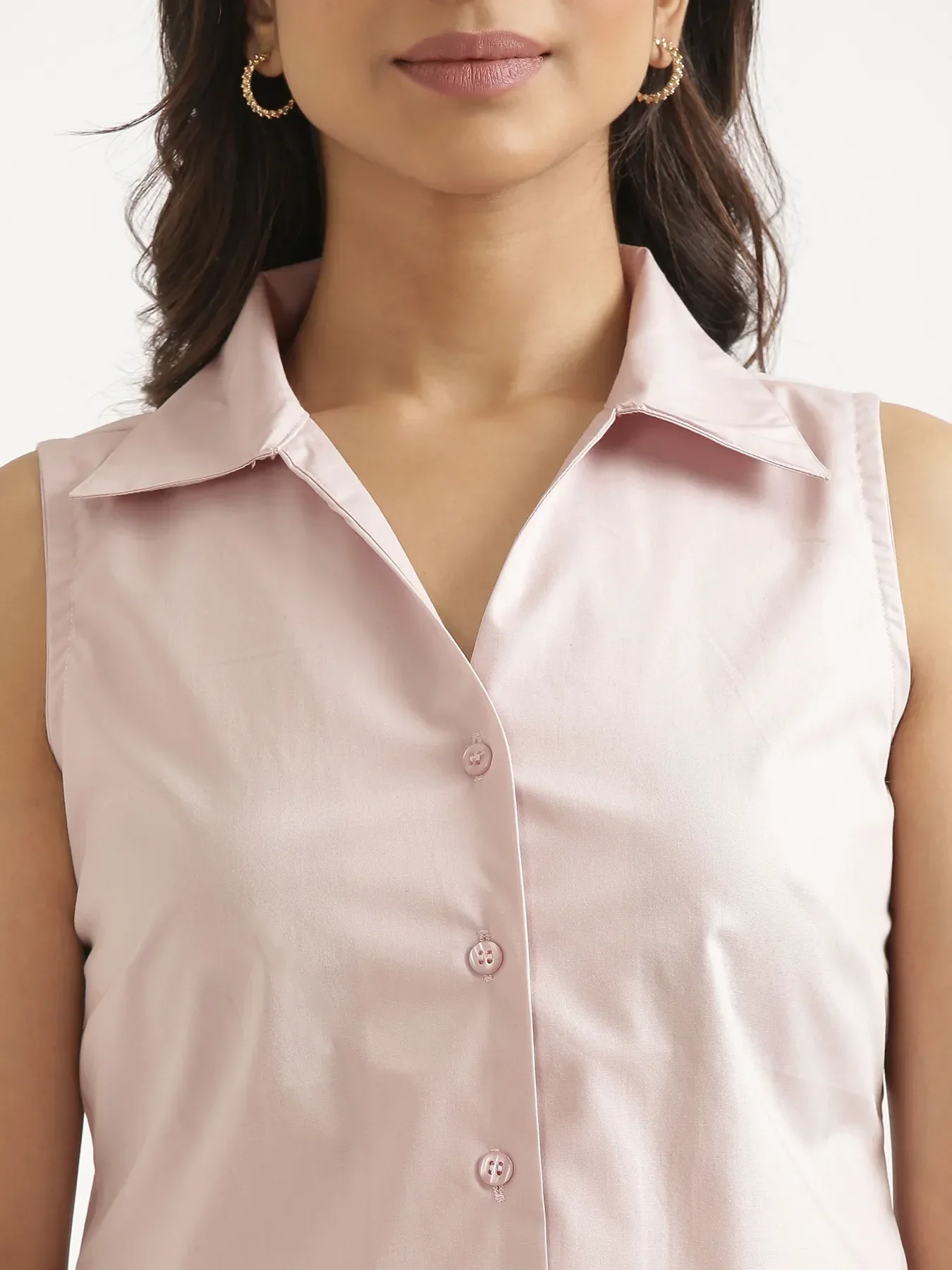 Women Mauve Pink Better Cotton Sleeveless Shirt & White Airy Linen Straight Pant - Image 4