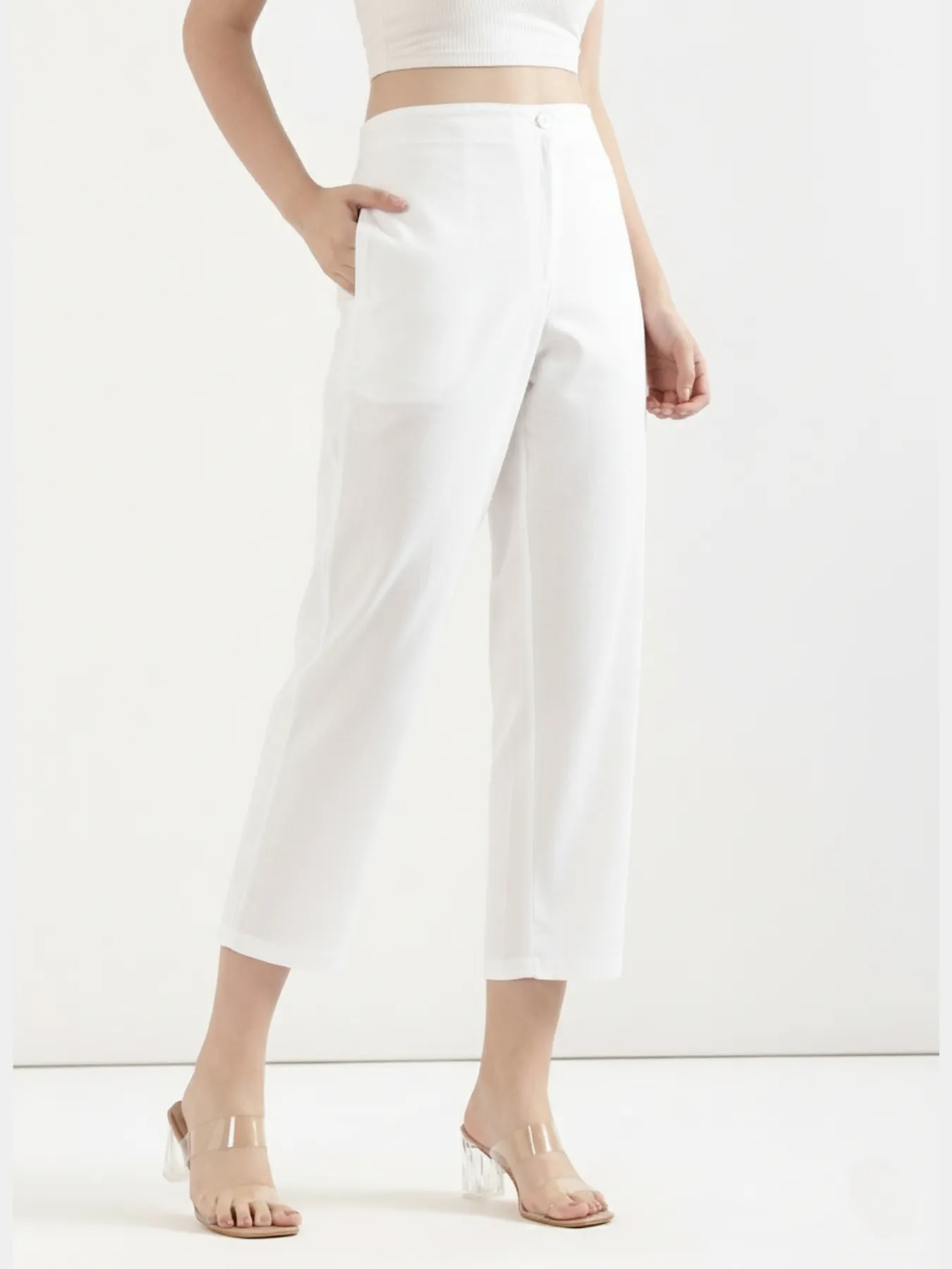 Women Mauve Pink Better Cotton Sleeveless Shirt & White Airy Linen Straight Pant - Image 8