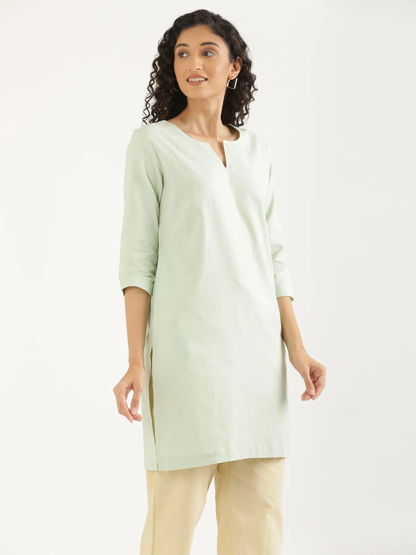 Women Mint Green Airy Linen Mid Thigh Length Kurta - Image 10