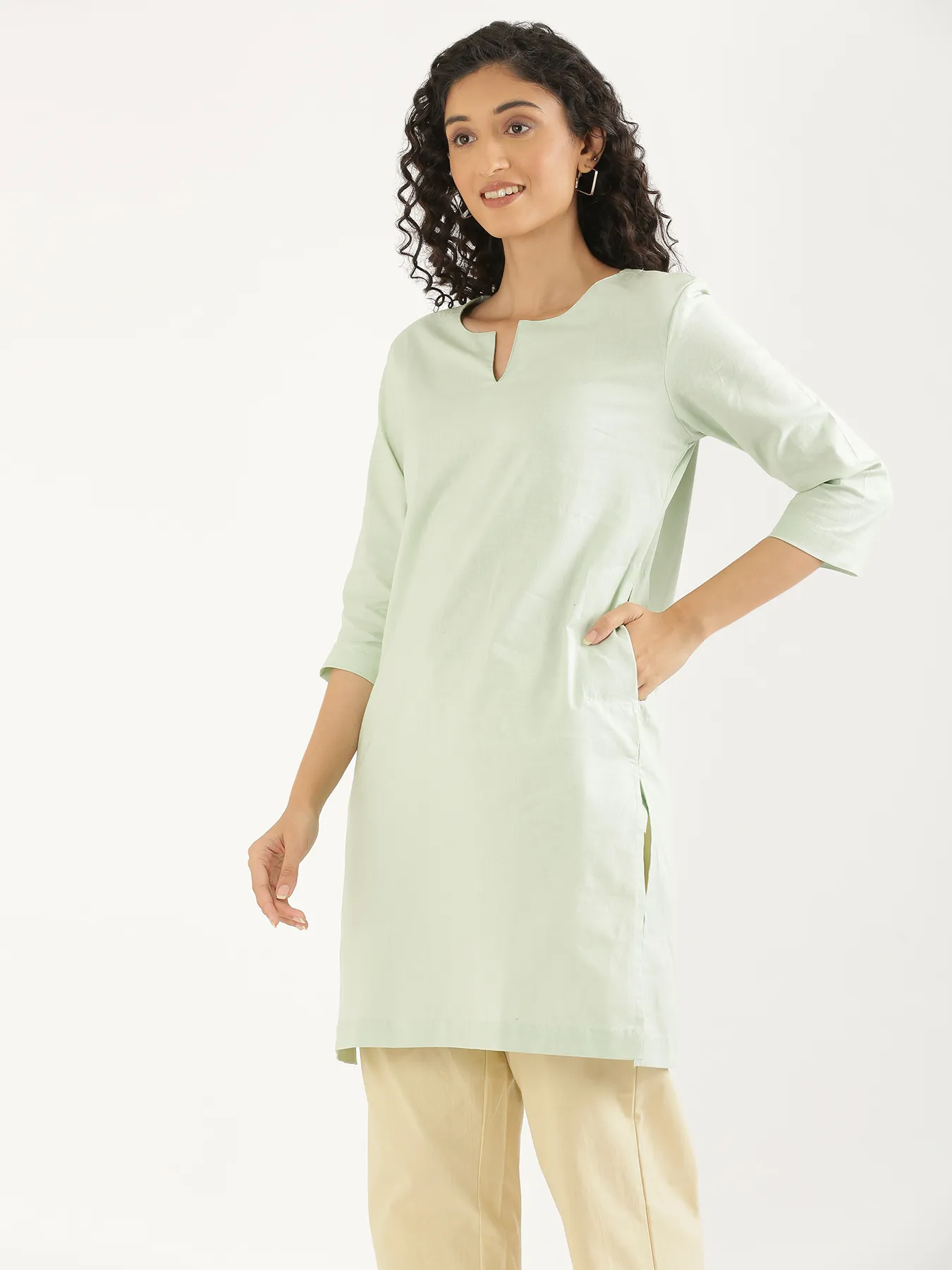 Women Mint Green Airy Linen Mid Thigh Length Kurta - Image 8
