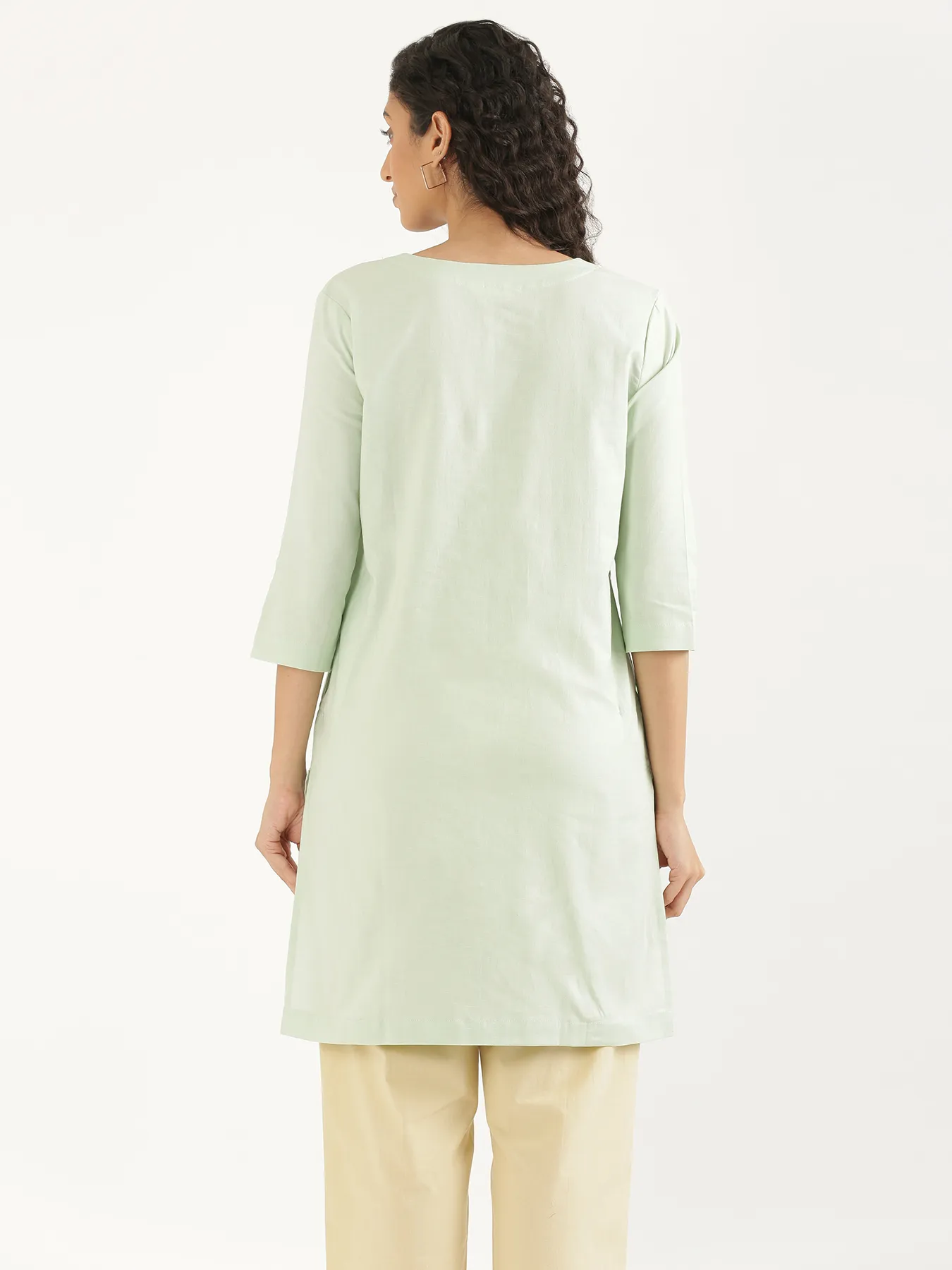 Women Mint Green Airy Linen Mid Thigh Length Kurta - Image 9