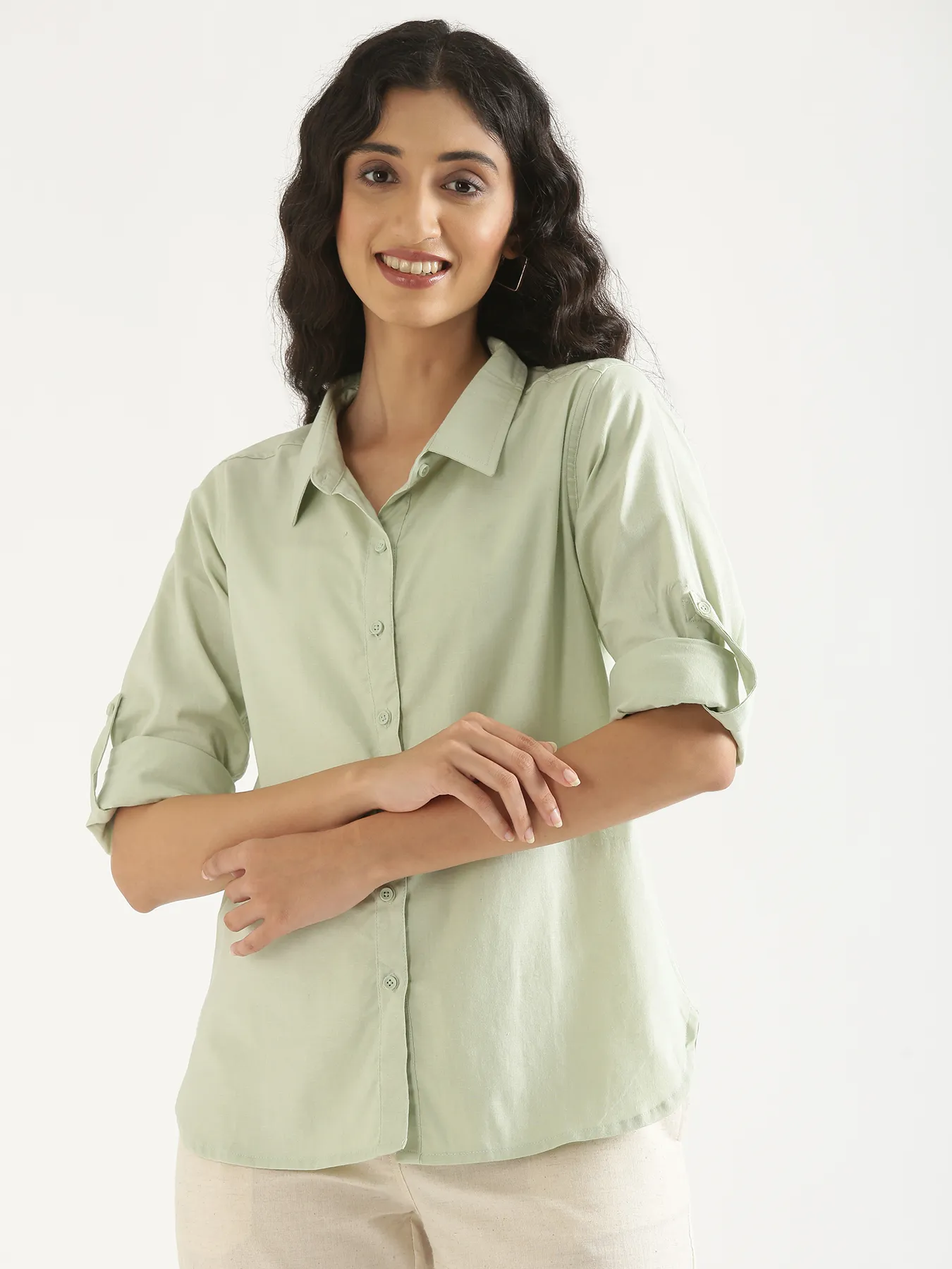 Women Mint Green Airy-Linen Shirt - Image 2
