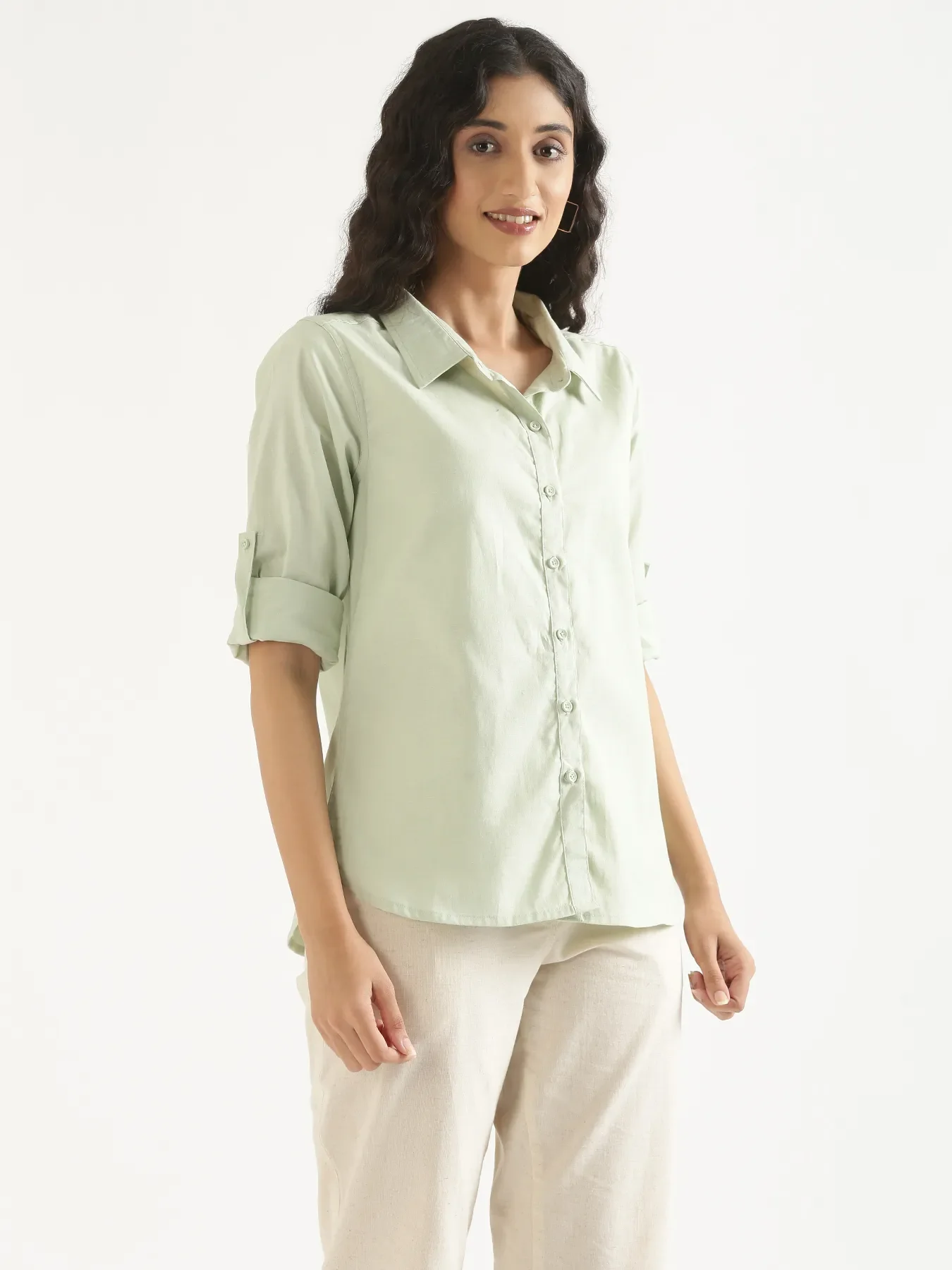 Women Mint Green Airy-Linen Shirt - Image 3
