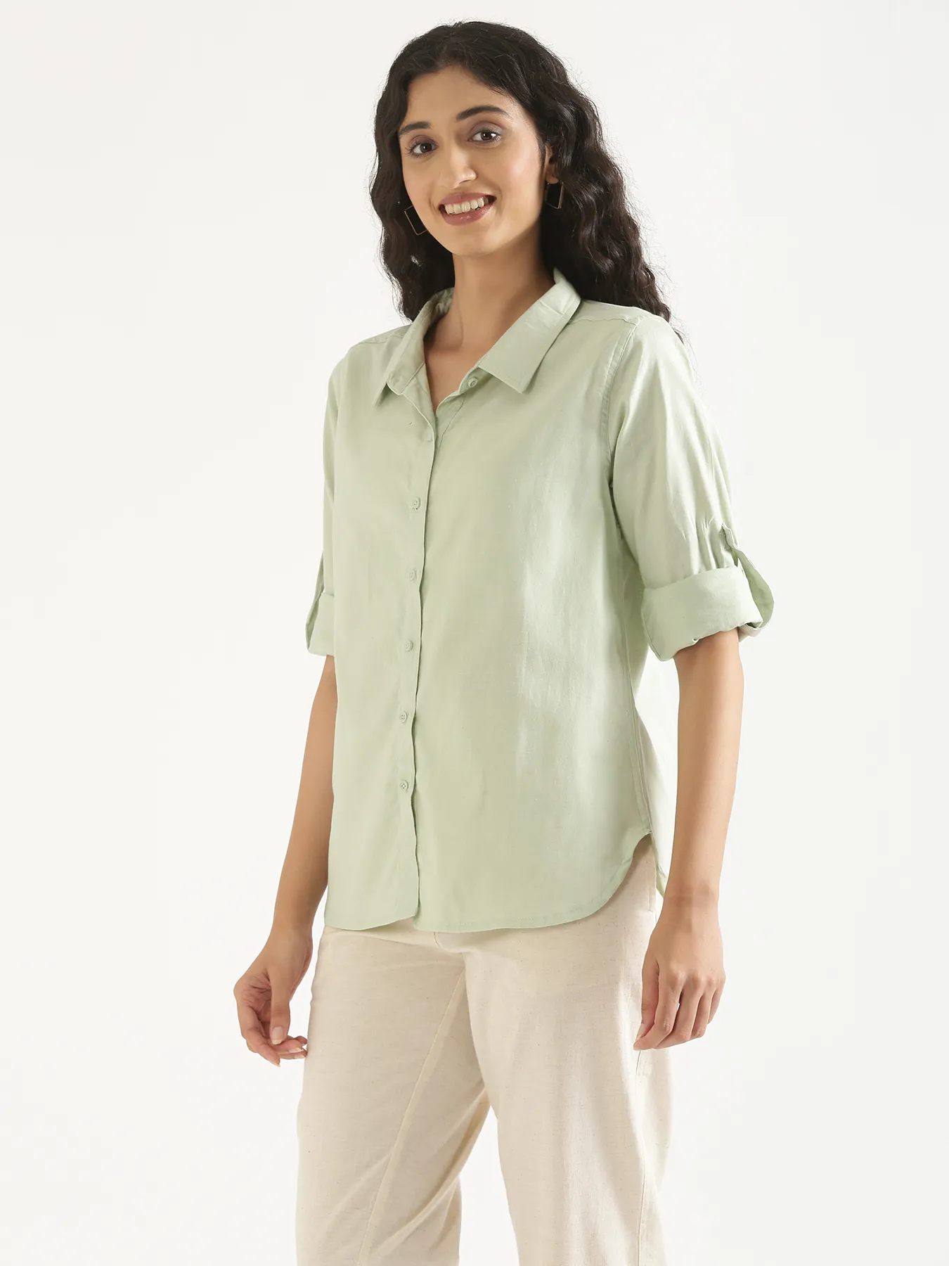Women Mint Green Airy-Linen Shirt - Image 6