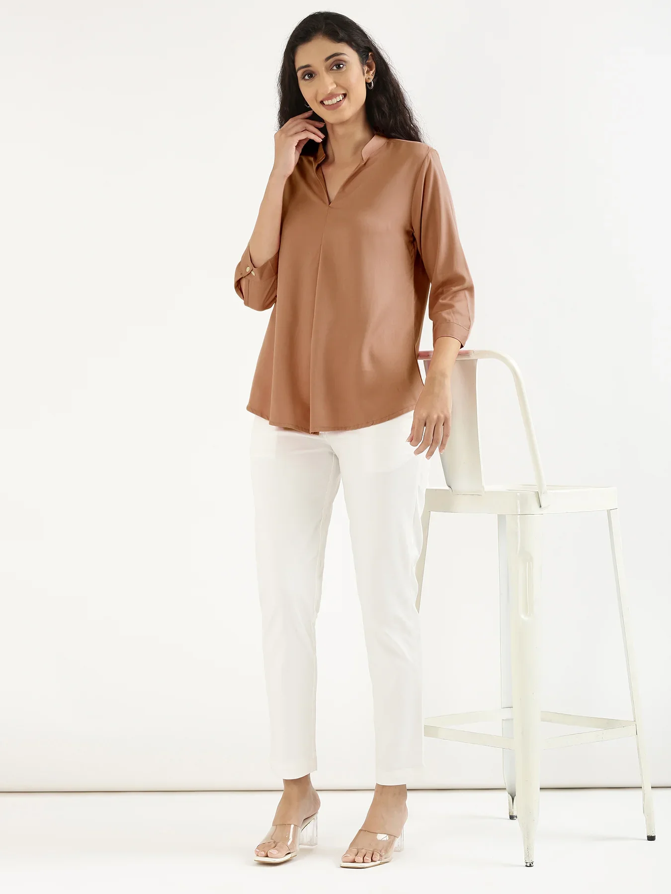 Women Mocha Mousse Viscose Pleated Top - Image 10