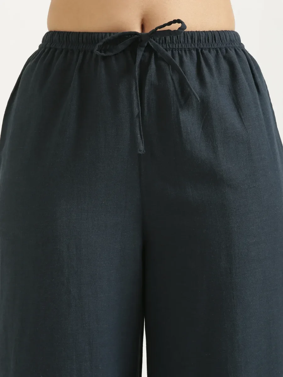 Women Navy Blue Flowy Linen Wide Leg Pants - Image 10