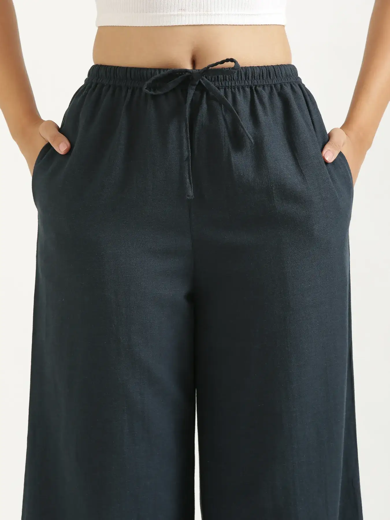 Women Navy Blue Flowy Linen Wide Leg Pants - Image 12