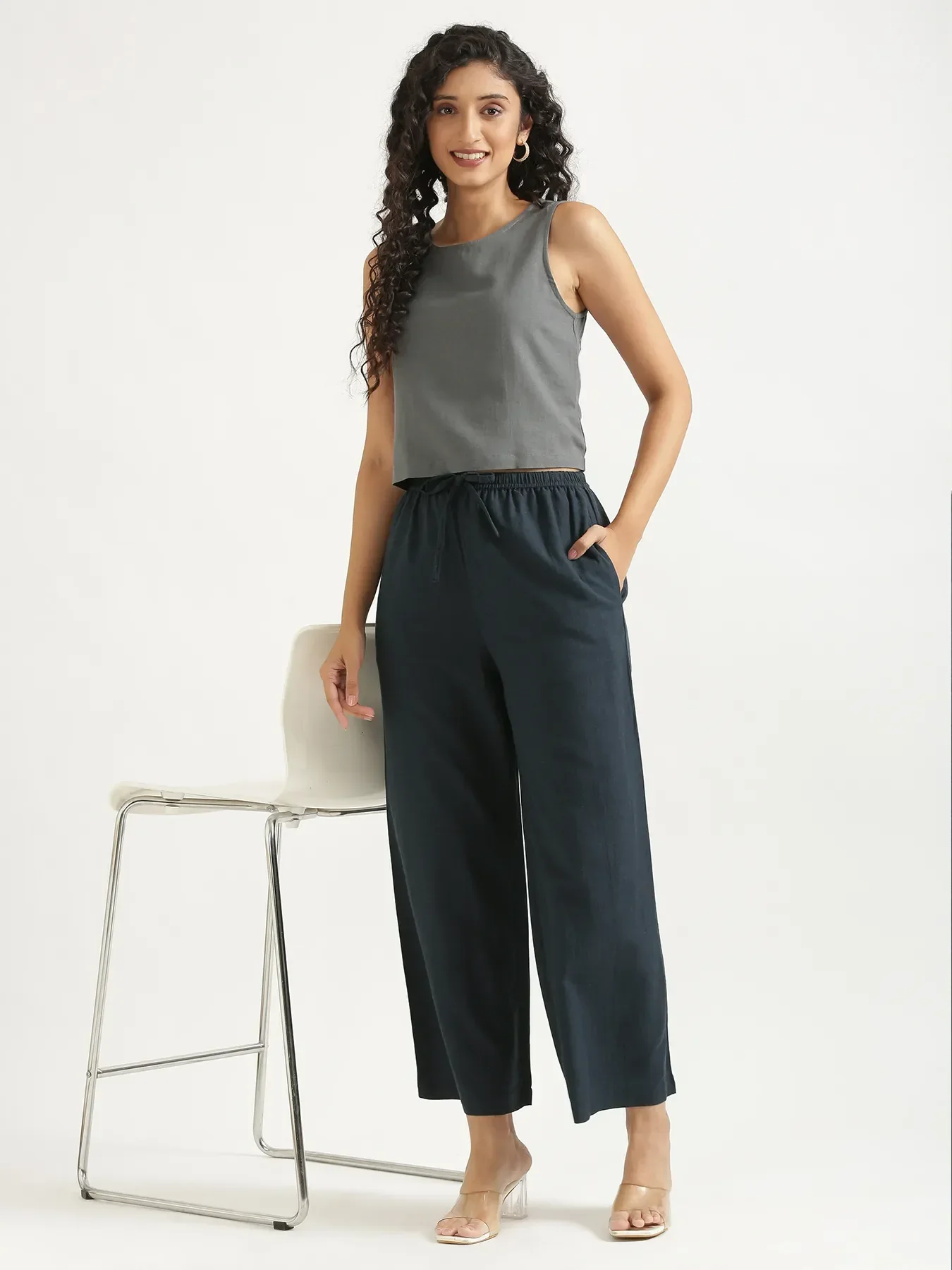 Women Navy Blue Flowy Linen Wide Leg Pants - Image 14