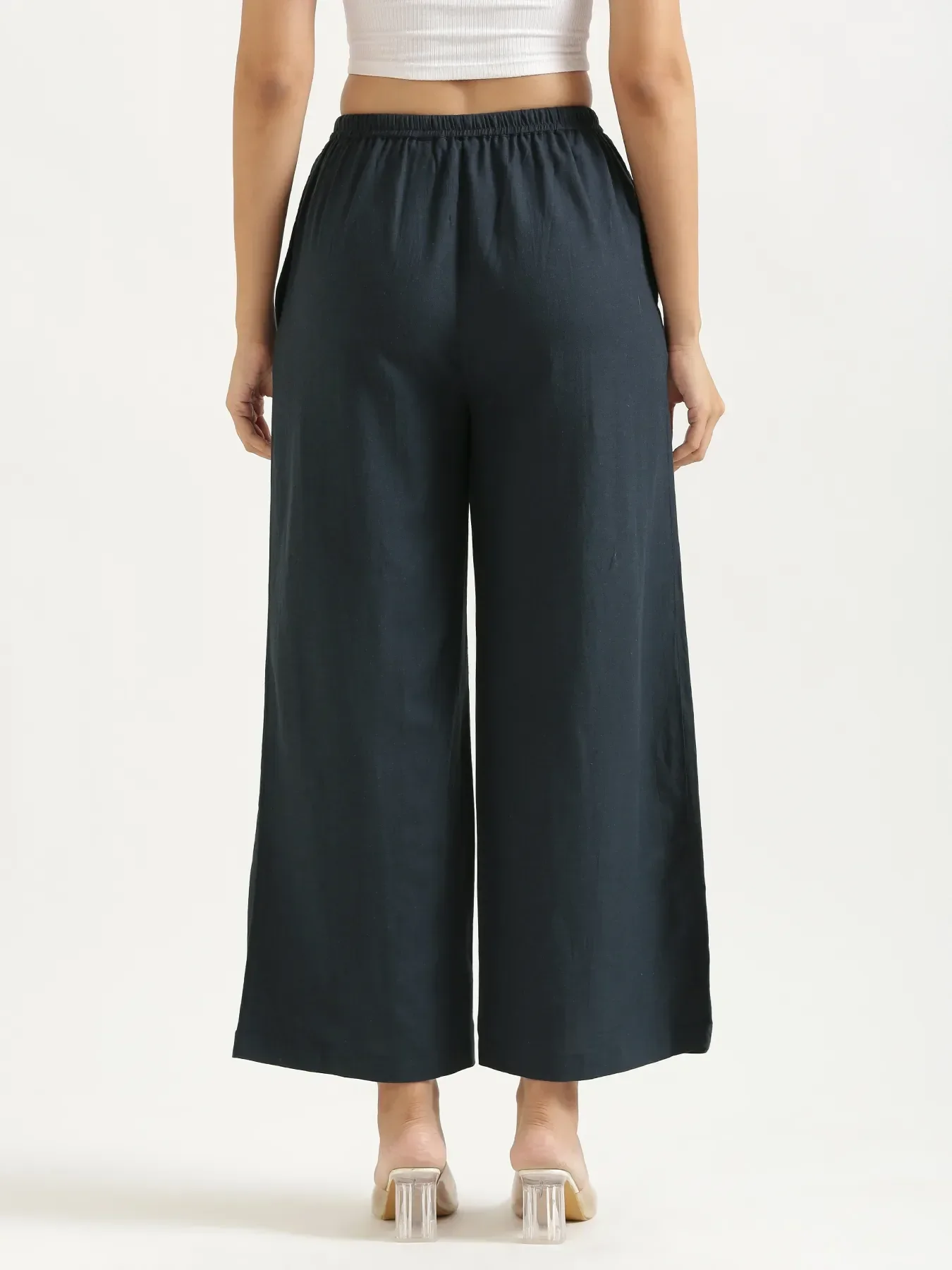 Women Navy Blue Flowy Linen Wide Leg Pants - Image 9