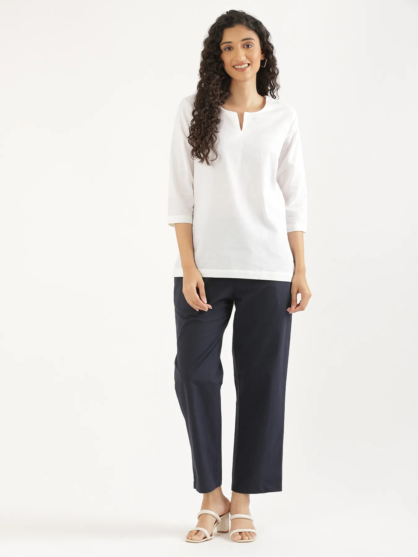 Women Navy Blue Cotton Straight Pant - Image 3