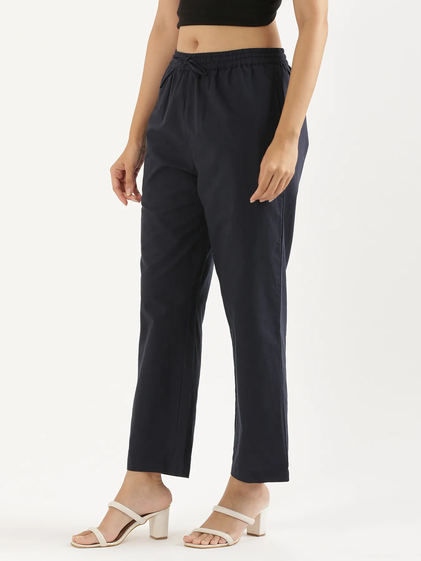 Women Navy Blue Cotton Straight Pant - Image 4