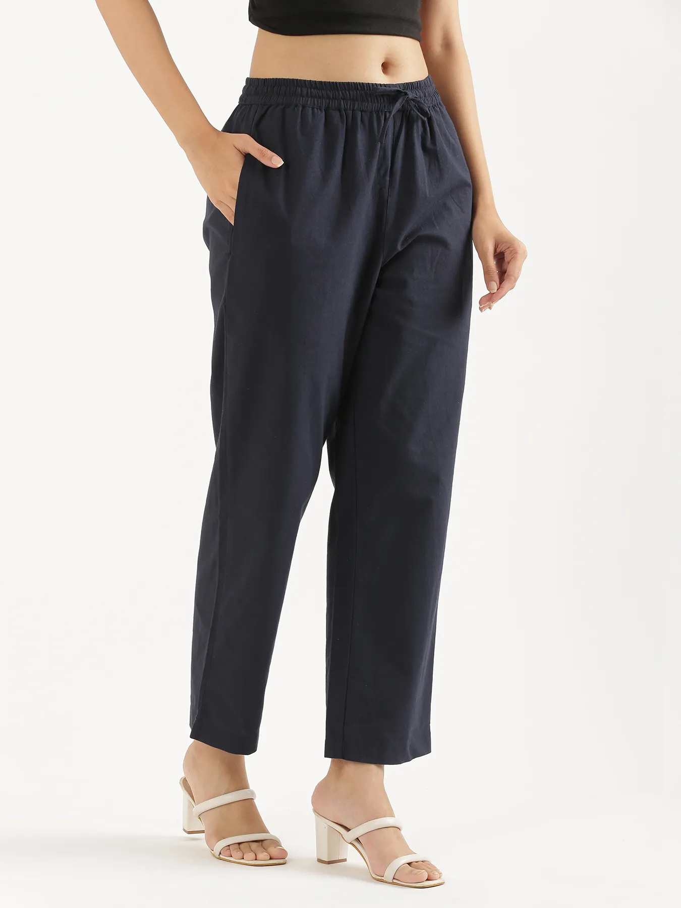 Women Navy Blue Cotton Straight Pant - Image 8