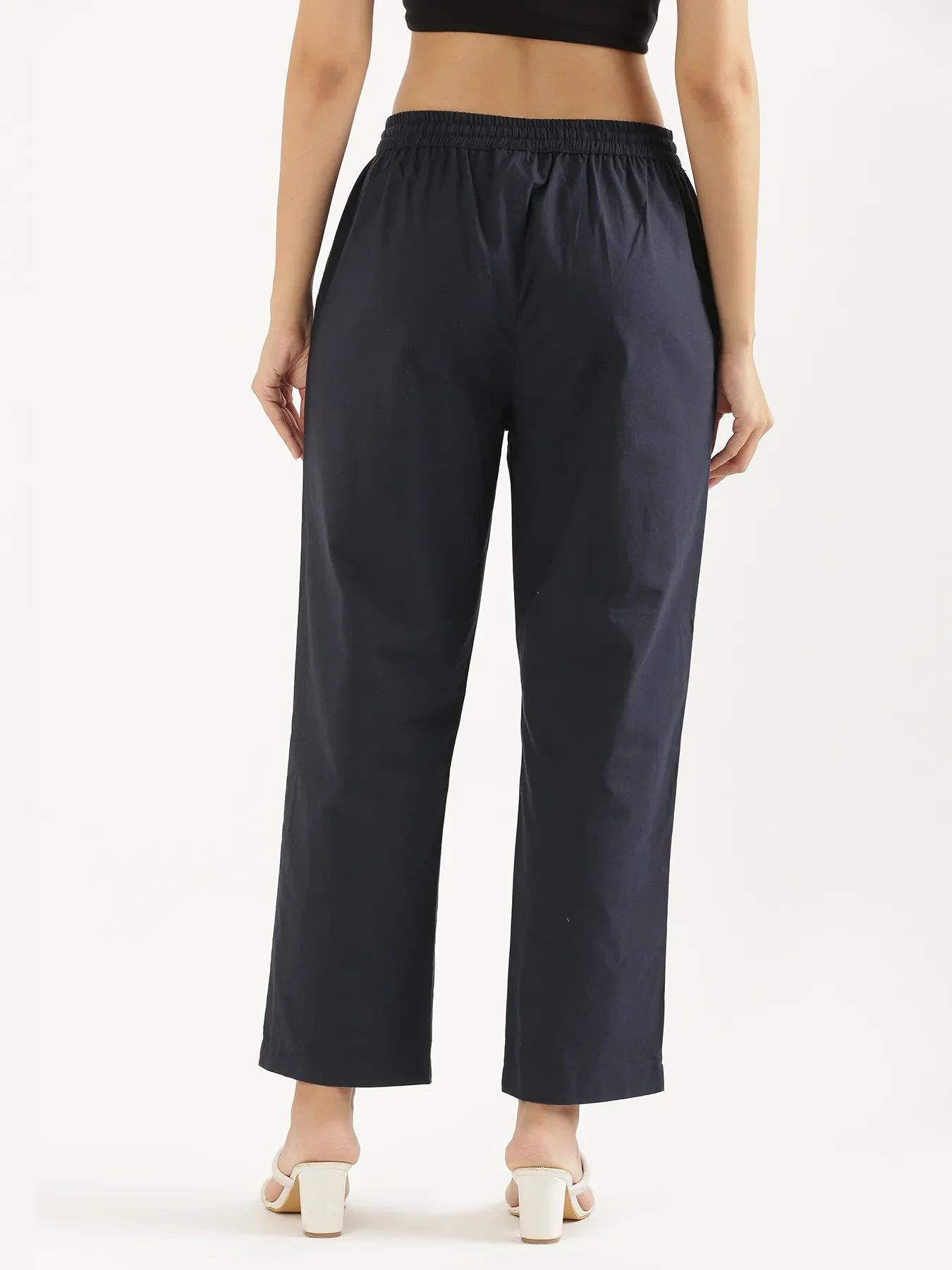 Women Navy Blue Cotton Straight Pant - Image 9