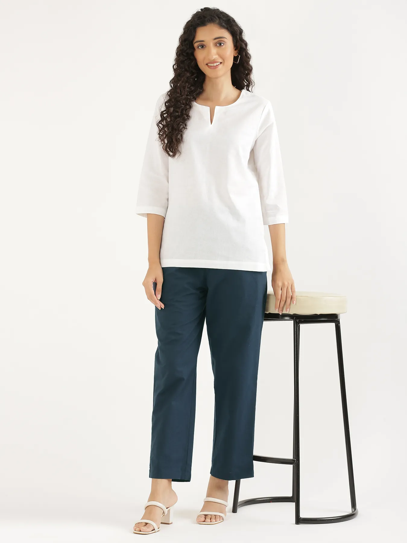 Women Peacock Blue Cotton Straight Pant - Image 11