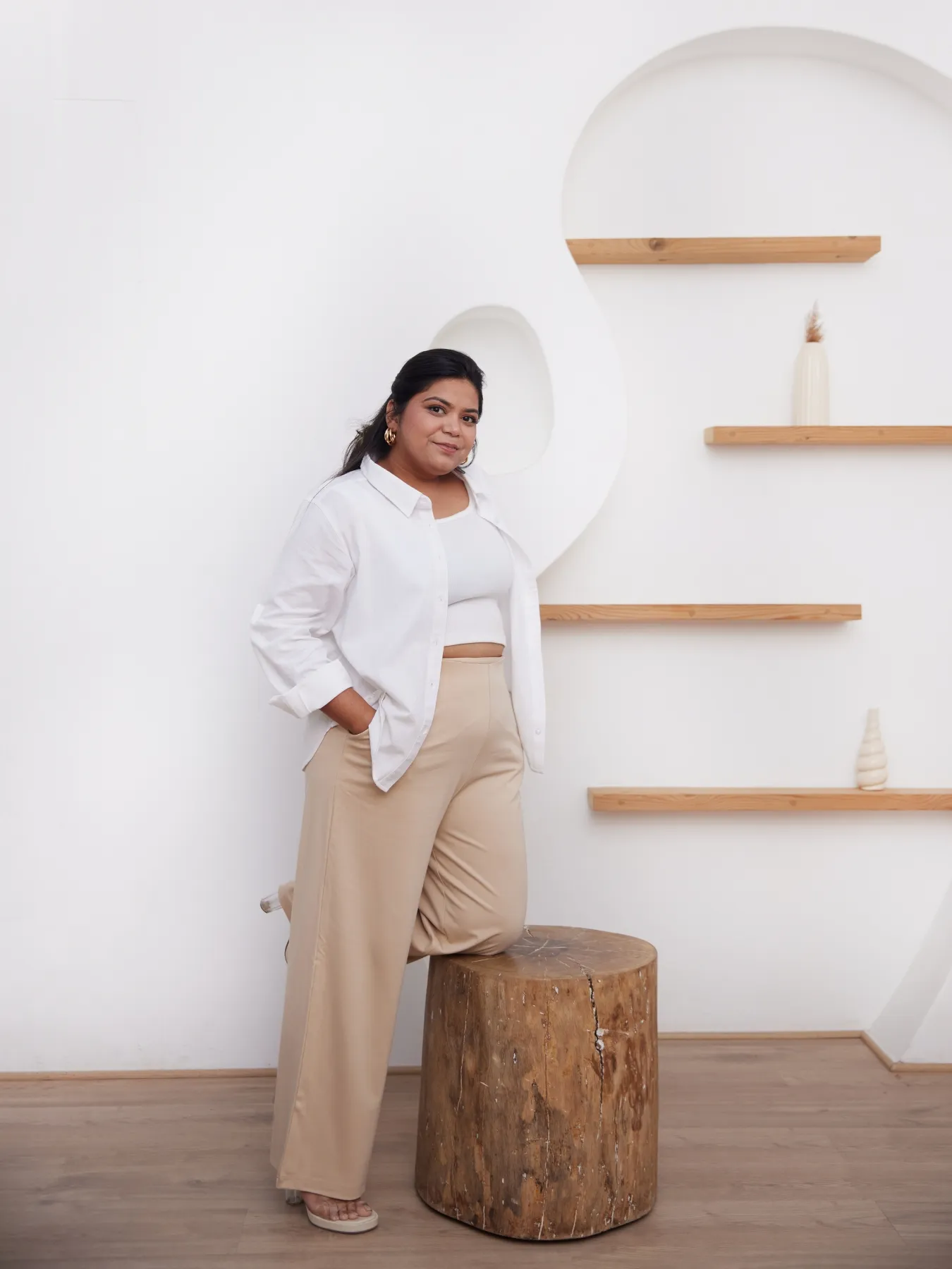 Women Plus Size Beige Wide Leg Pants - Image 4
