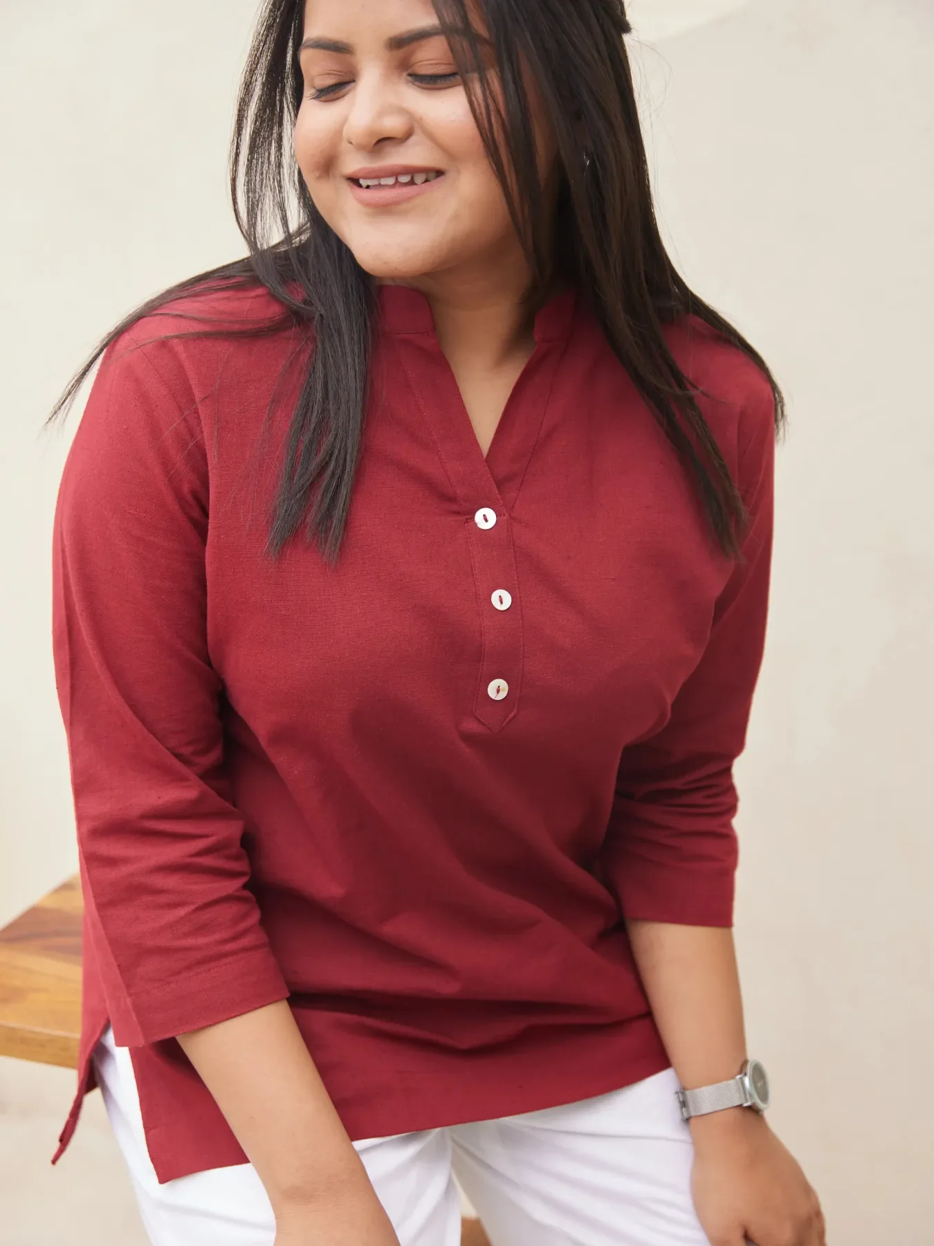 Women Plus Size Maroon Airy Linen Short Kurta - Image 4