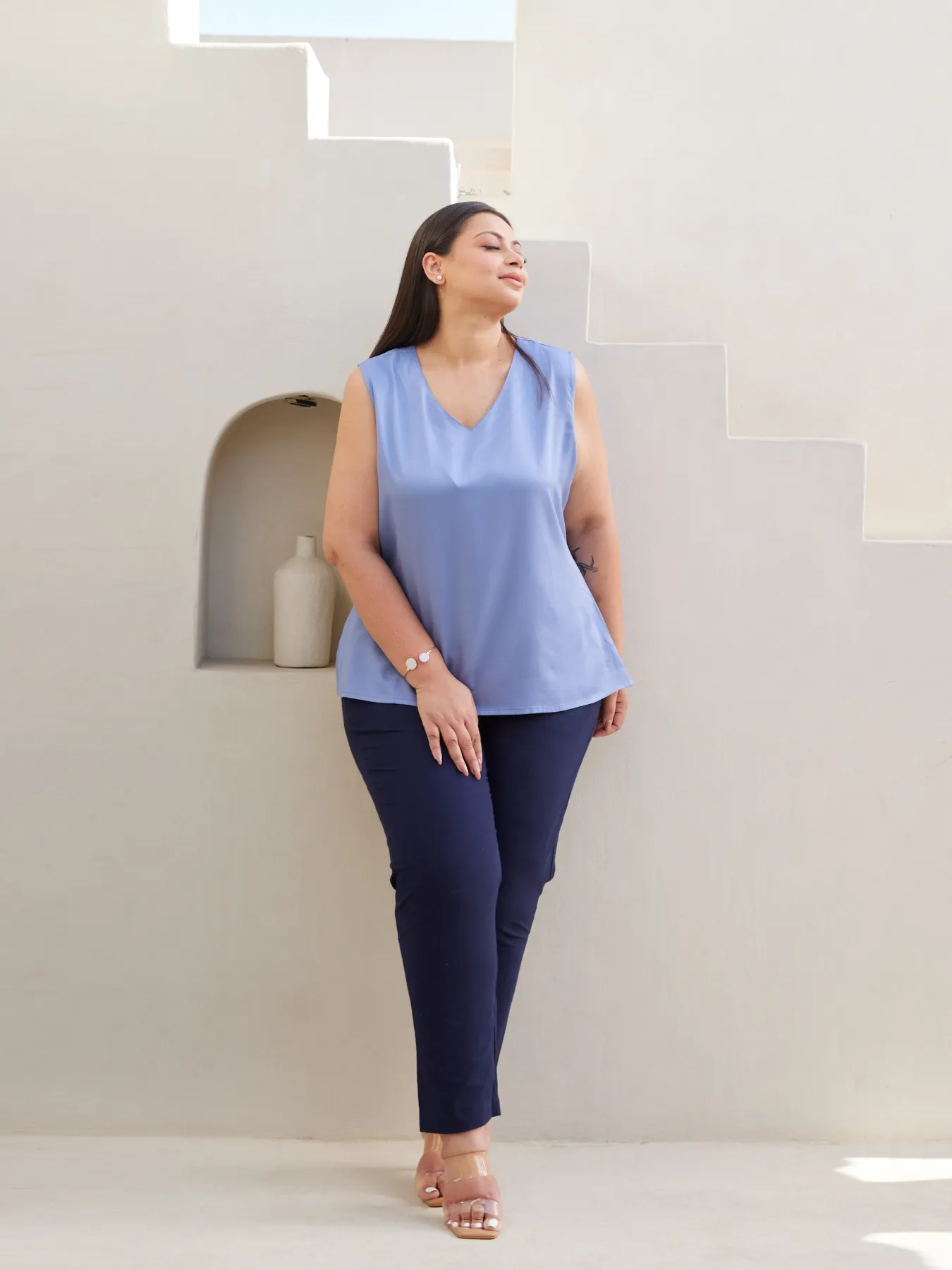 Women Plus Size Navy Blue Cotton Pant - Image 3