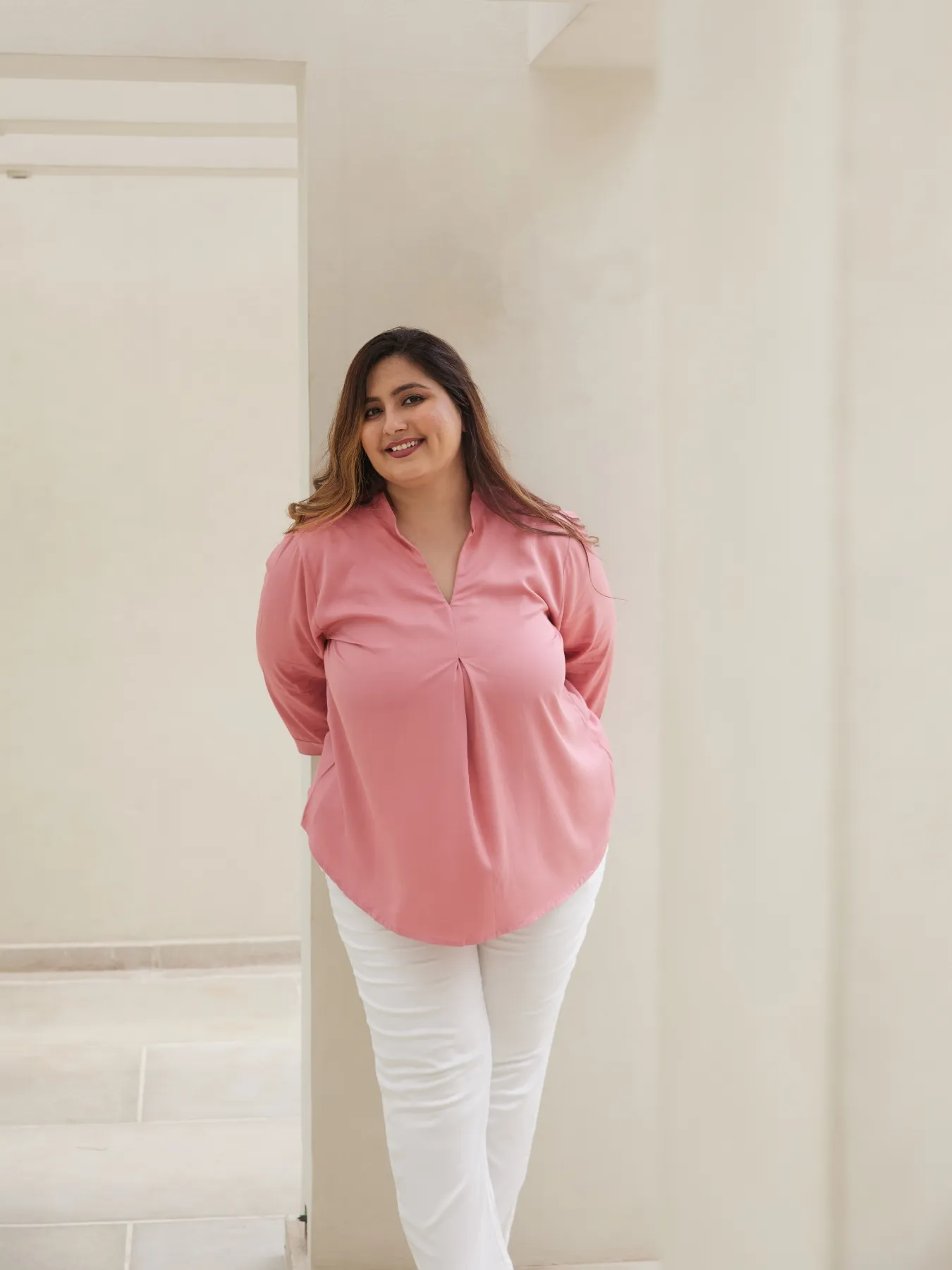 Women Plus Size Rose Viscose Pleated Top - Image 4