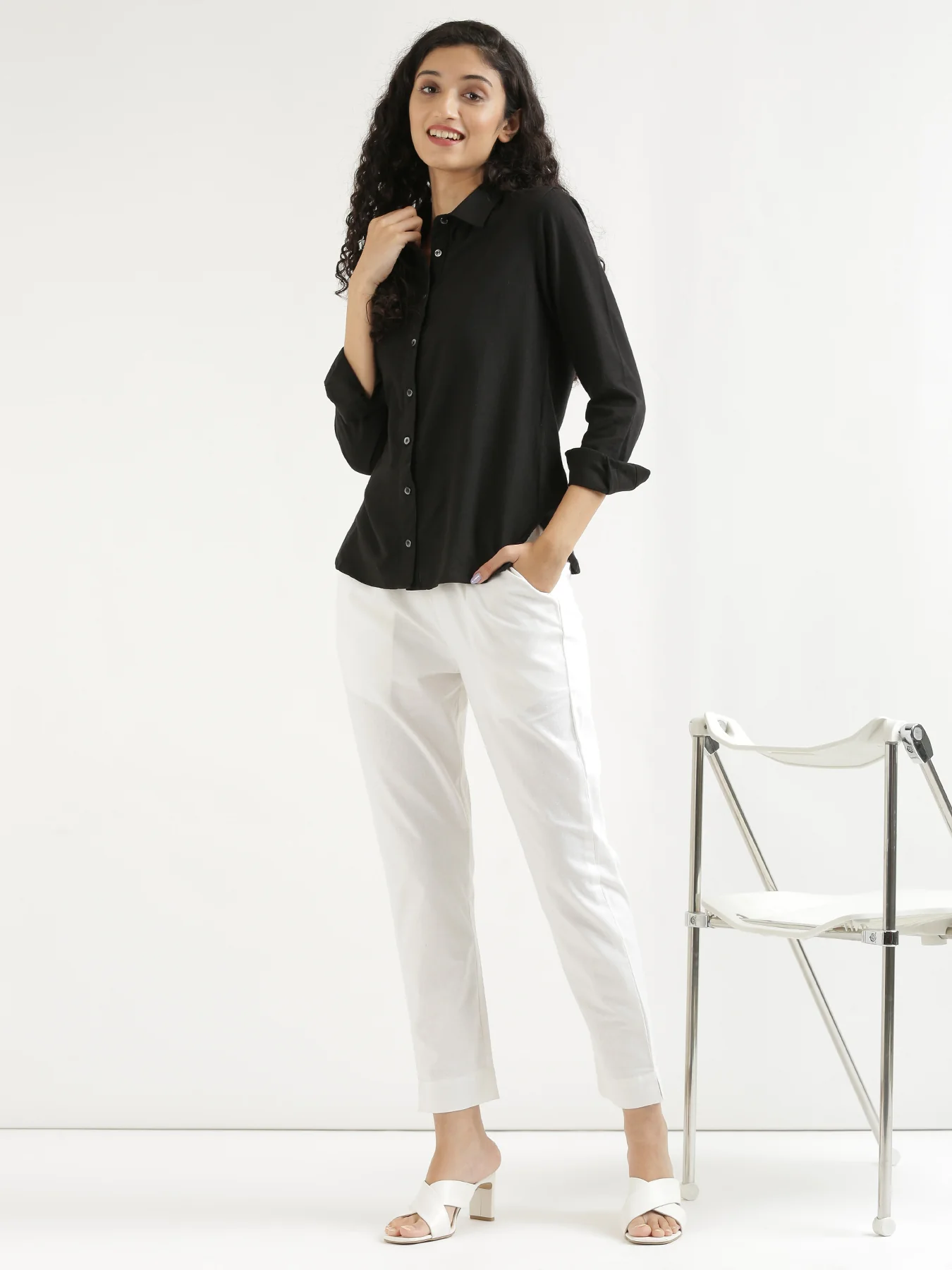 Women Black & White Cotton Pant - Image 8