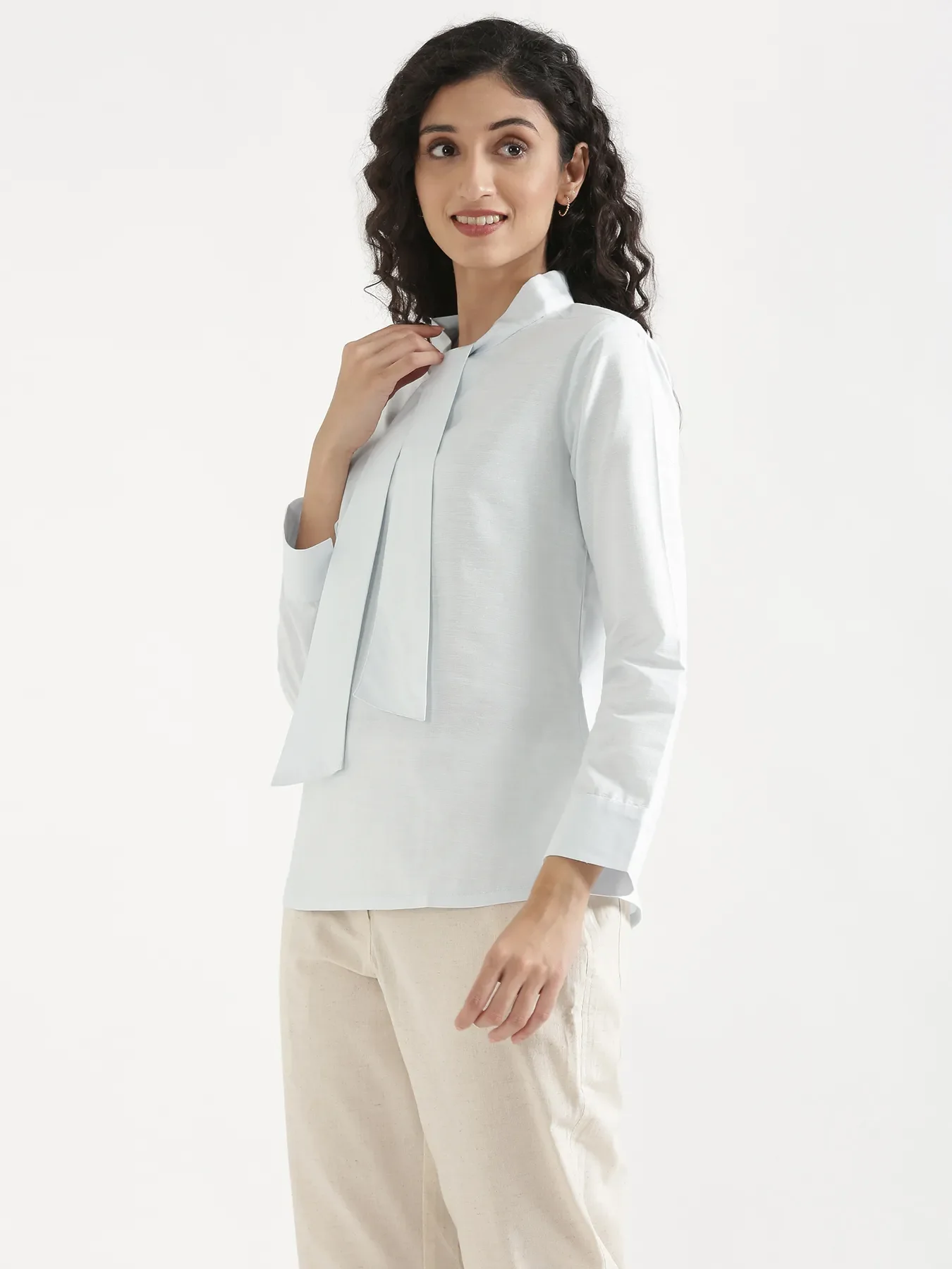 Women Powder Blue Linen Blend Knot Blouse - Image 10