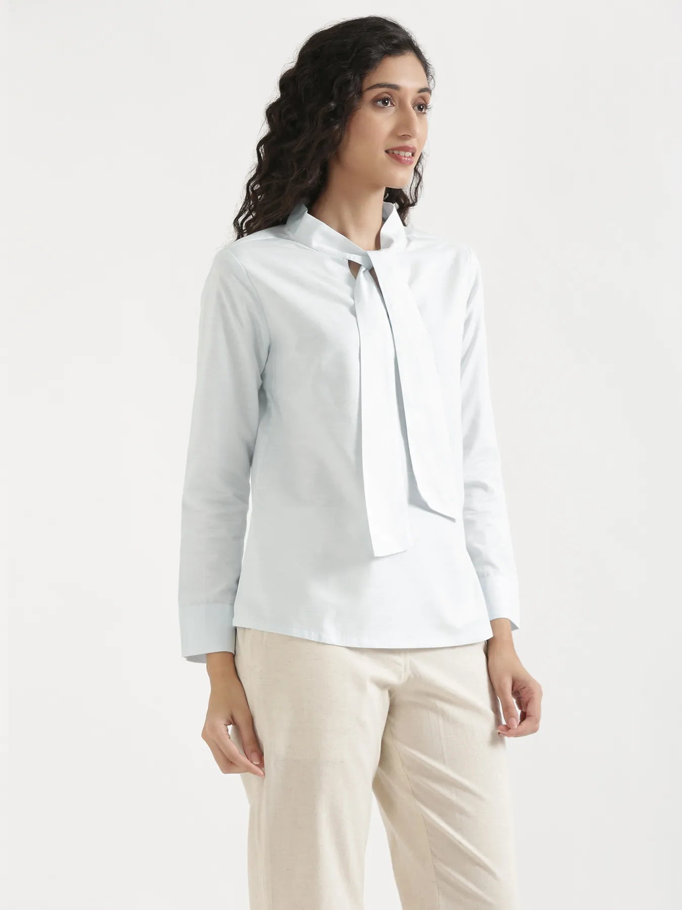 Women Powder Blue Linen Blend Knot Blouse - Image 11