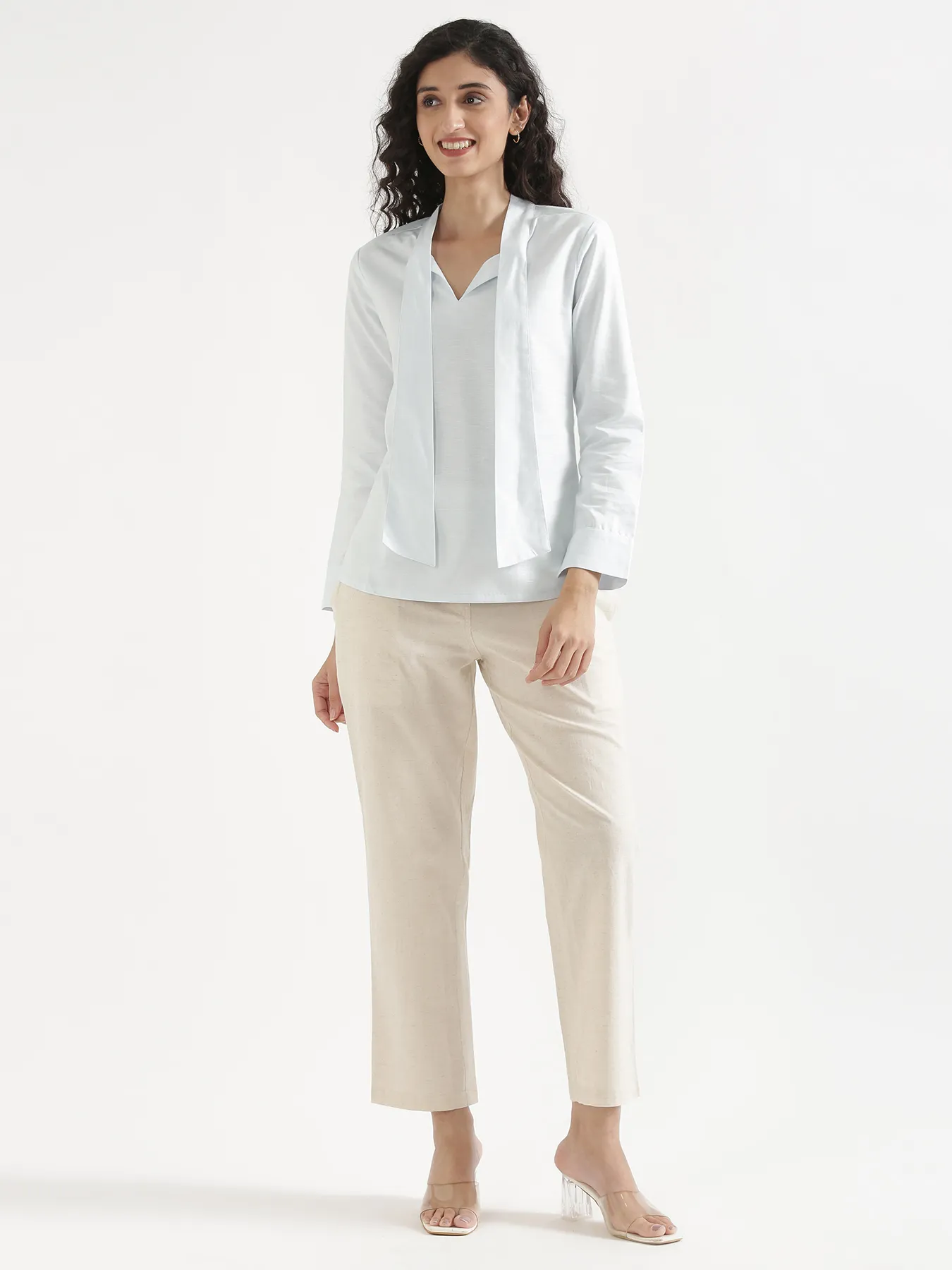 Women Powder Blue Linen Blend Knot Blouse - Image 12