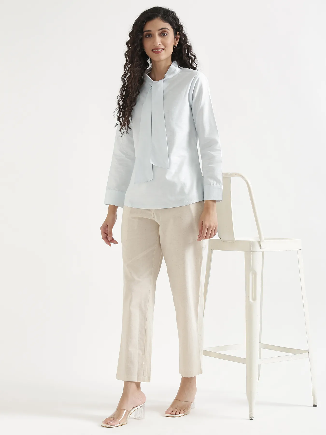Women Powder Blue Linen Blend Knot Blouse - Image 13