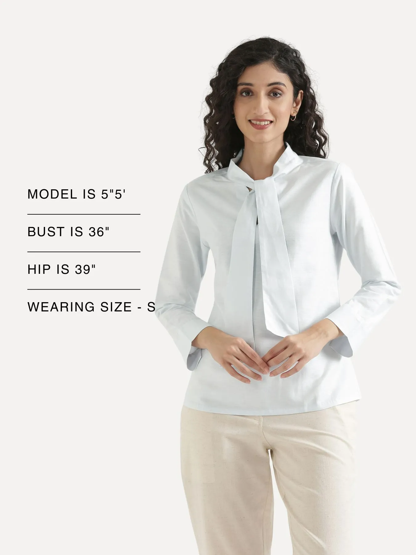 Women Powder Blue Linen Blend Knot Blouse - Image 16