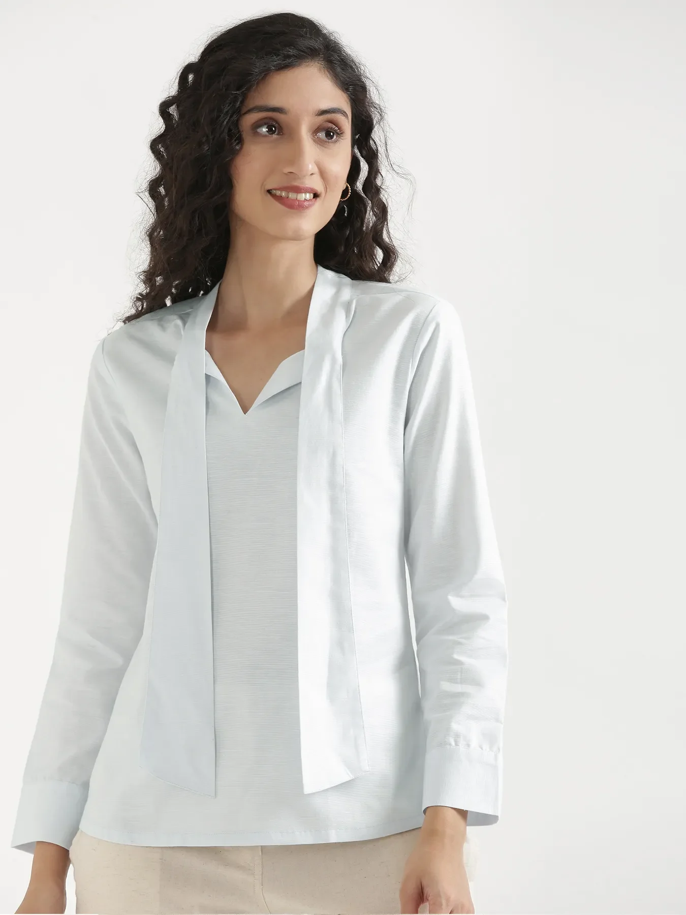 Women Powder Blue Linen Blend Knot Blouse - Image 4