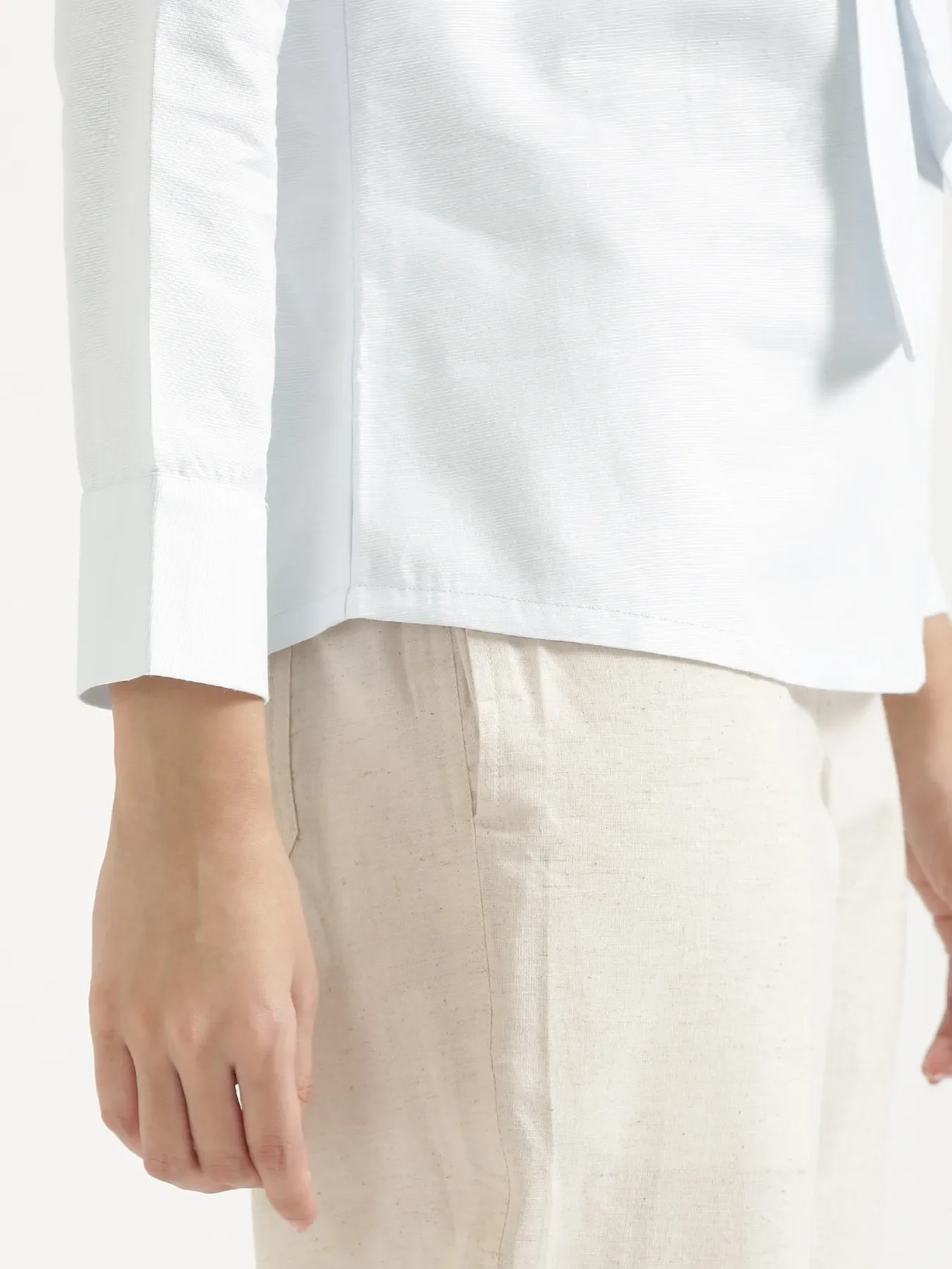 Women Powder Blue Linen Blend Knot Blouse - Image 8