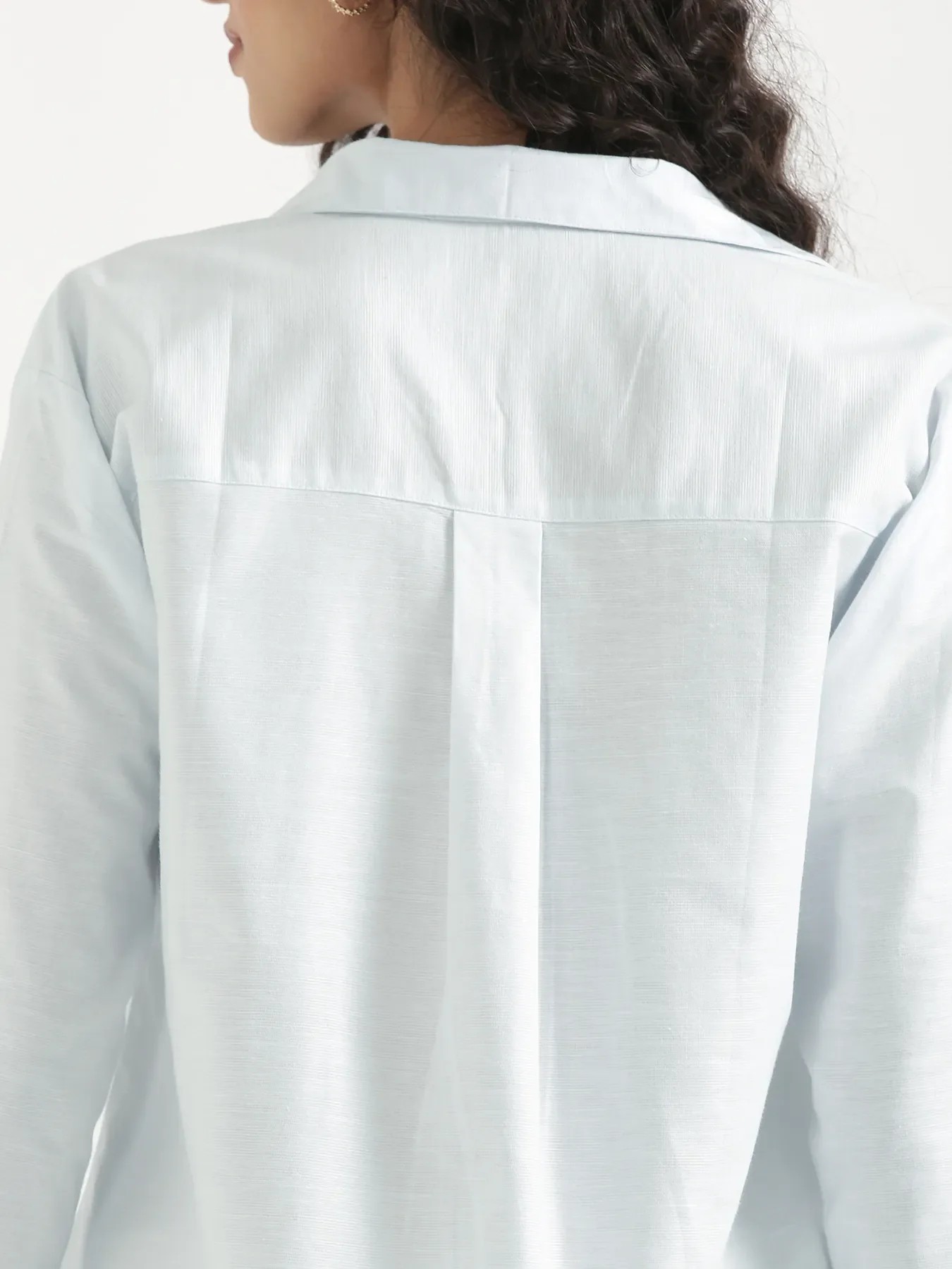 Women Powder Blue Linen Blend Pleated Top & Ecru Airy Linen Wide Leg Pants Pant Set - Image 10