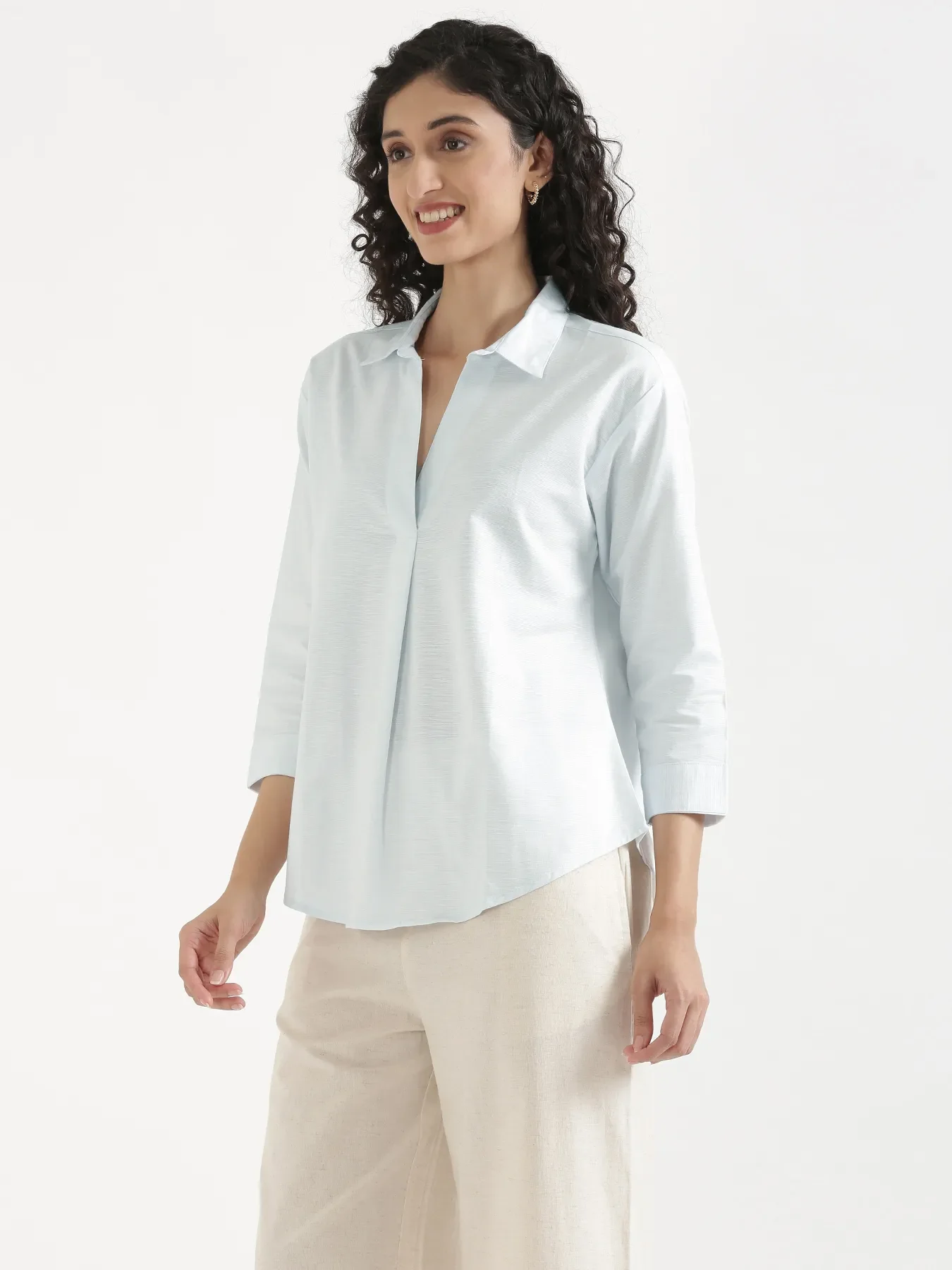 Women Powder Blue Linen Blend Pleated Top & Ecru Airy Linen Wide Leg Pants Pant Set - Image 11