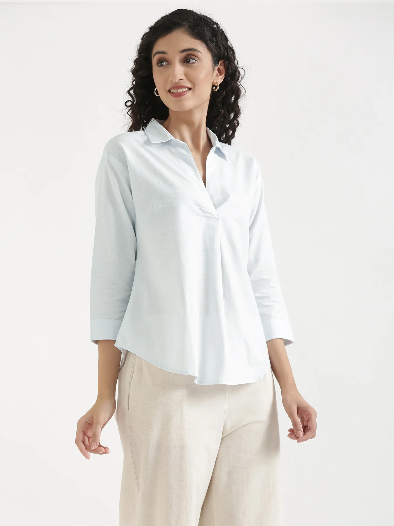 Women Powder Blue Linen Blend Pleated Top & Ecru Airy Linen Wide Leg Pants Pant Set - Image 12