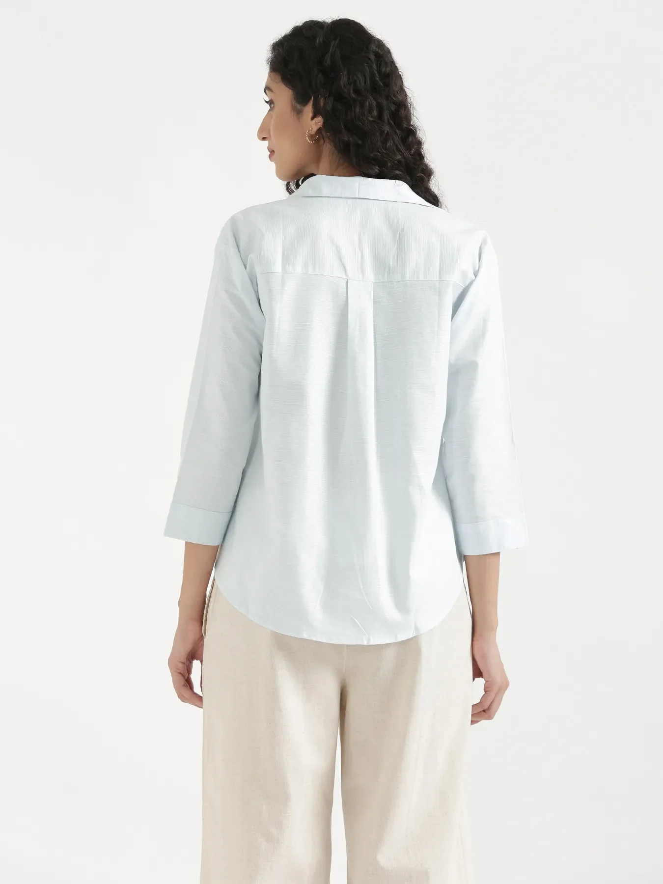 Women Powder Blue Linen Blend Pleated Top & Ecru Airy Linen Wide Leg Pants Pant Set - Image 13