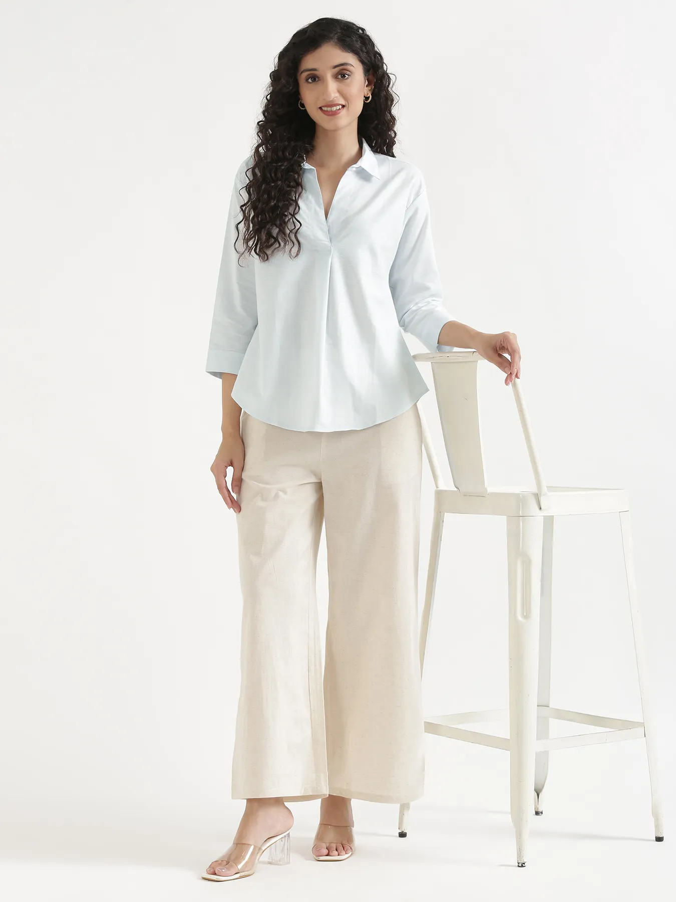 Women Powder Blue Linen Blend Pleated Top & Ecru Airy Linen Wide Leg Pants Pant Set - Image 14