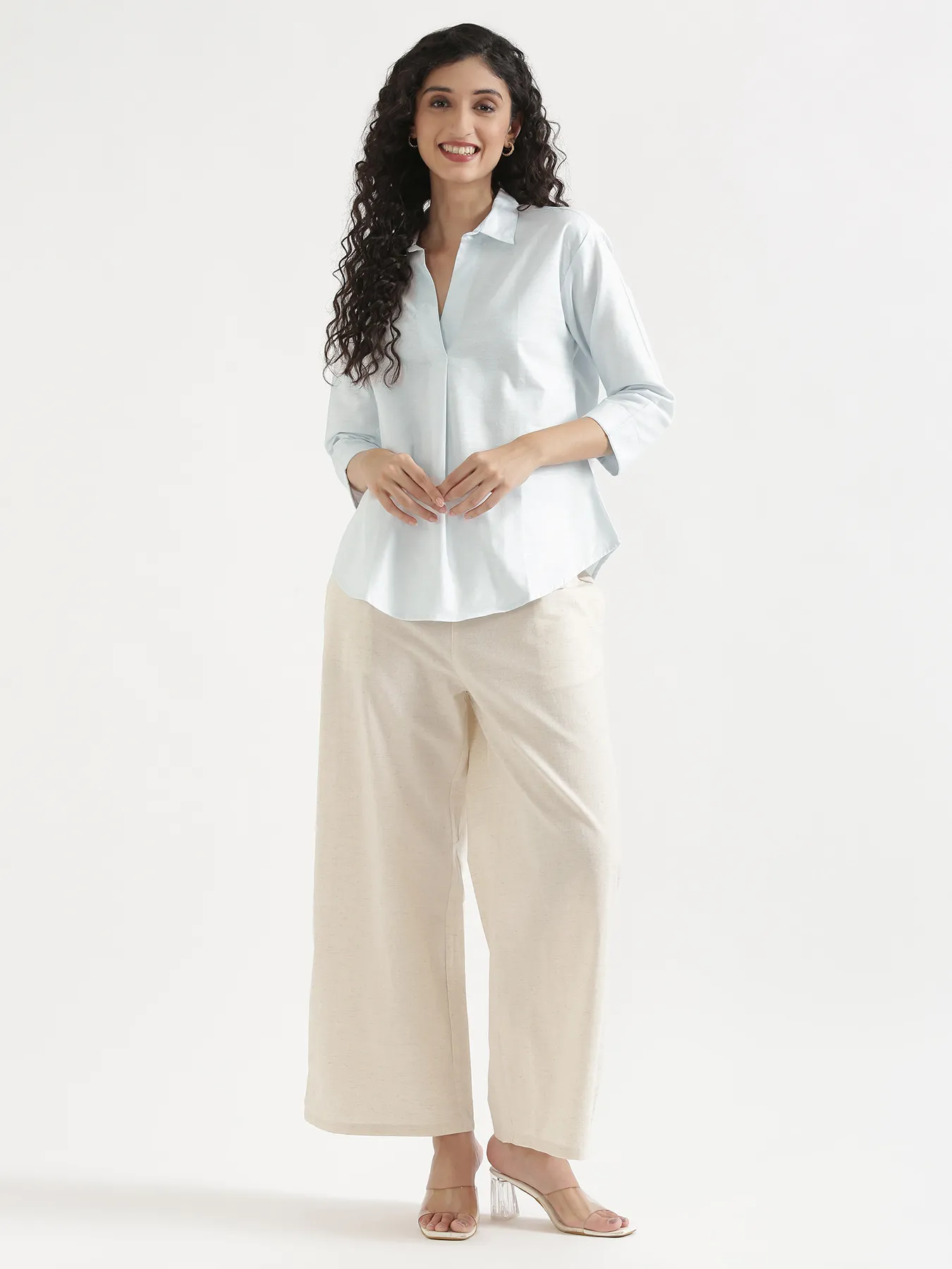 Women Powder Blue Linen Blend Pleated Top & Ecru Airy Linen Wide Leg Pants Pant Set - Image 3