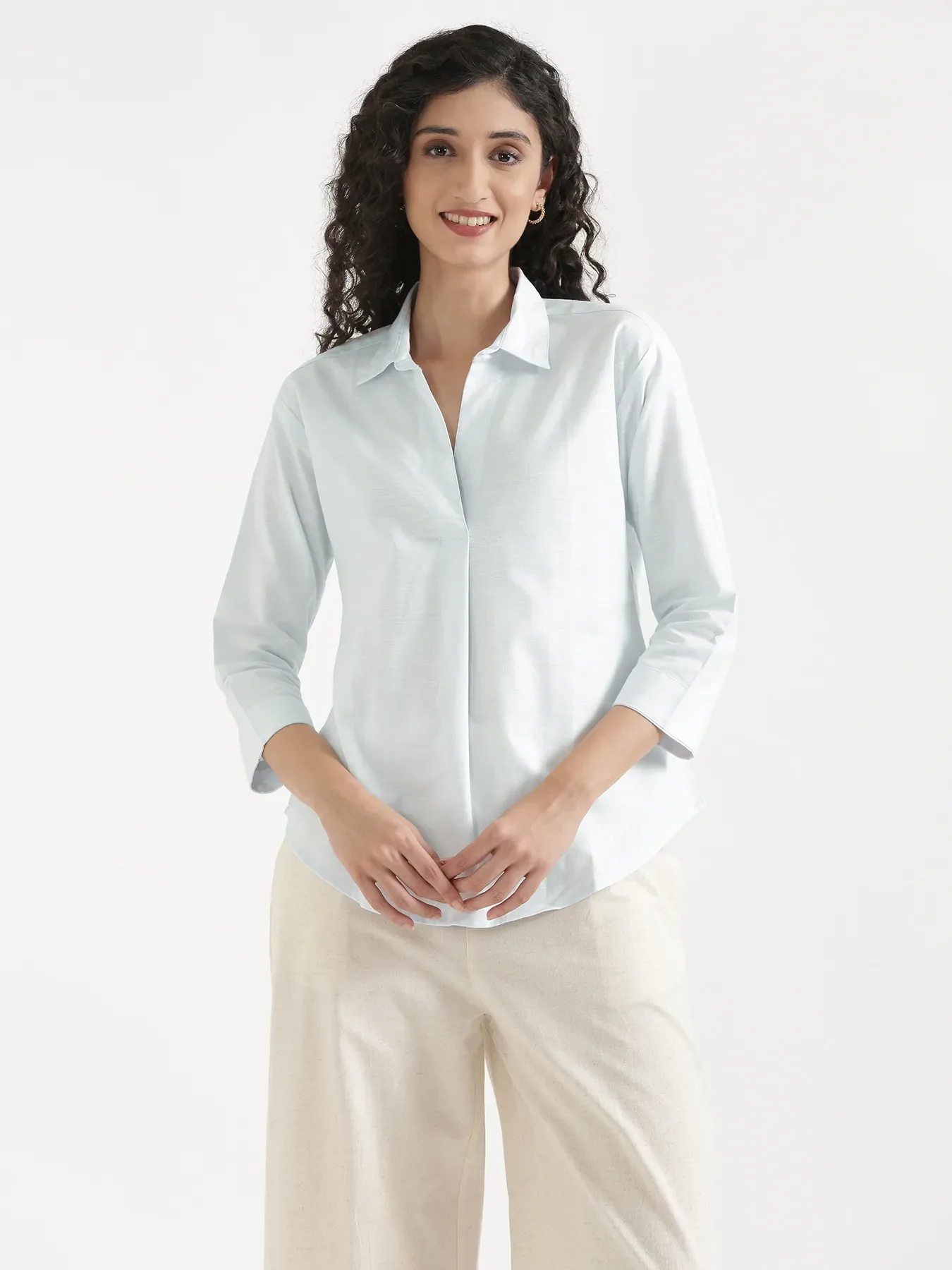 Women Powder Blue Linen Blend Pleated Top & Ecru Airy Linen Wide Leg Pants Pant Set - Image 4