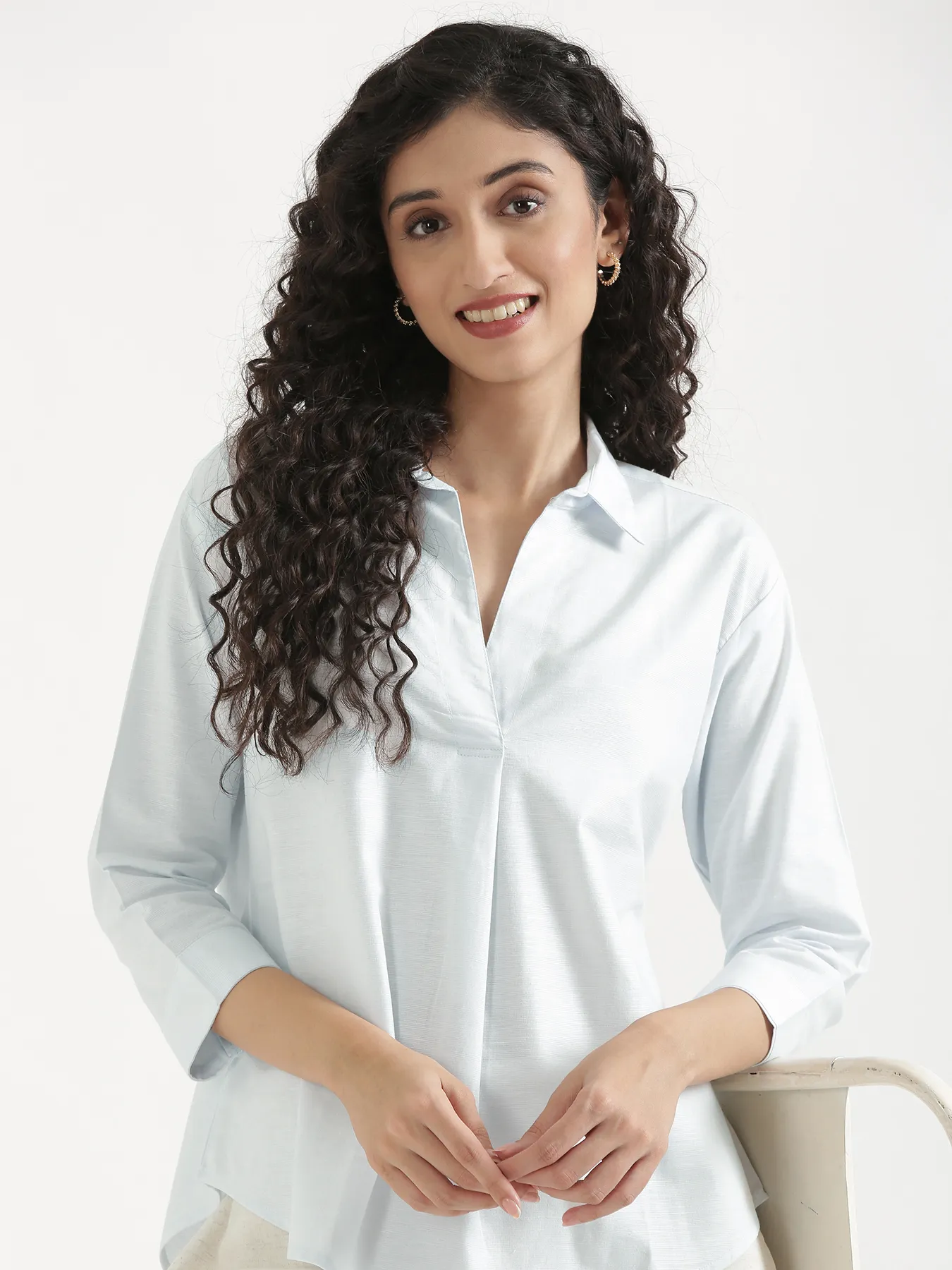 Women Powder Blue Linen Blend Pleated Top & Ecru Airy Linen Wide Leg Pants Pant Set - Image 5