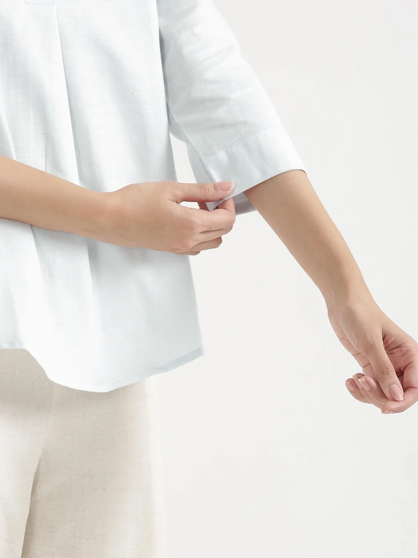 Women Powder Blue Linen Blend Pleated Top & Ecru Airy Linen Wide Leg Pants Pant Set - Image 9