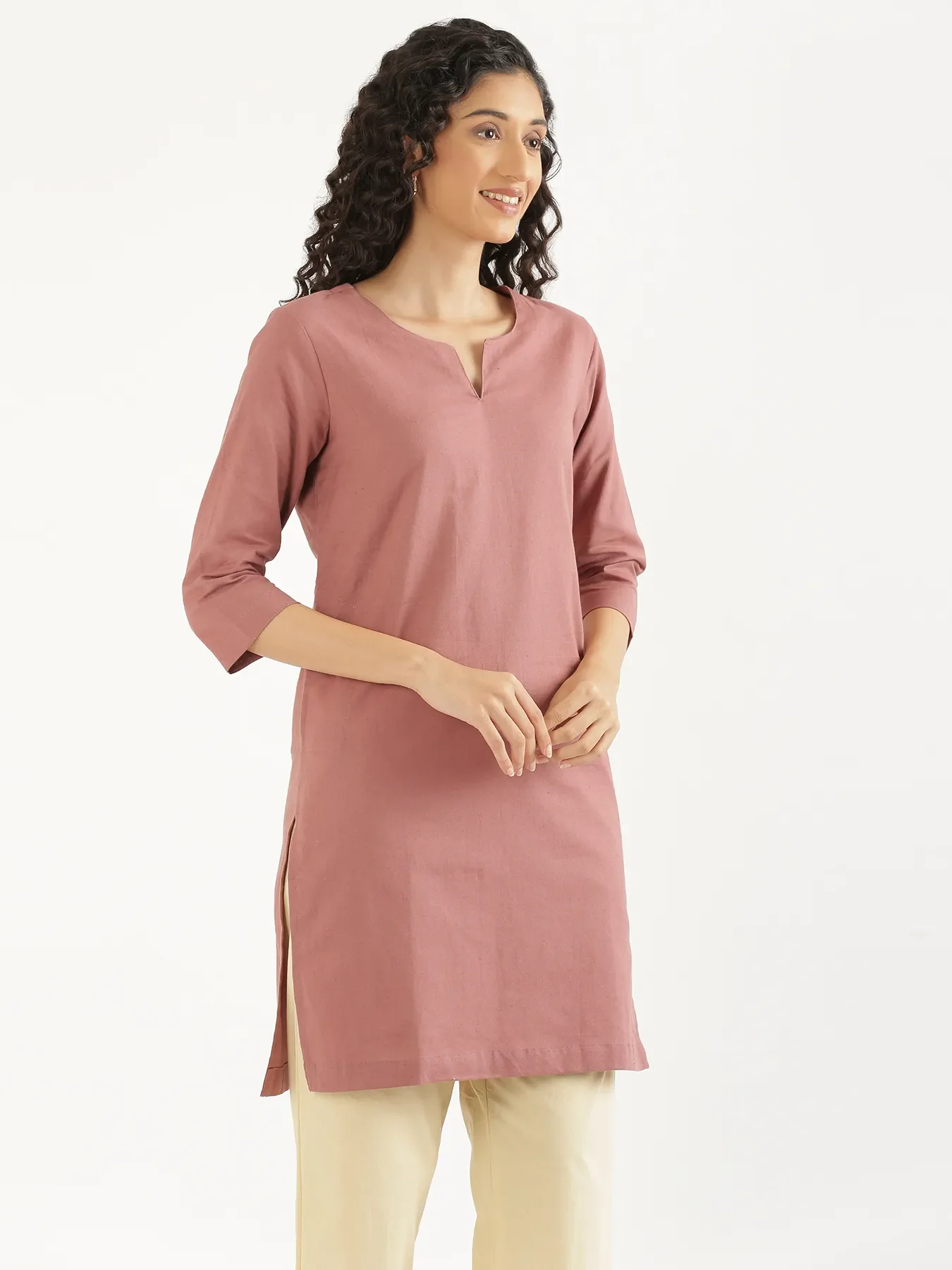 Women Rose Taupe Airy Linen Mid Thigh Length Kurta - Image 10