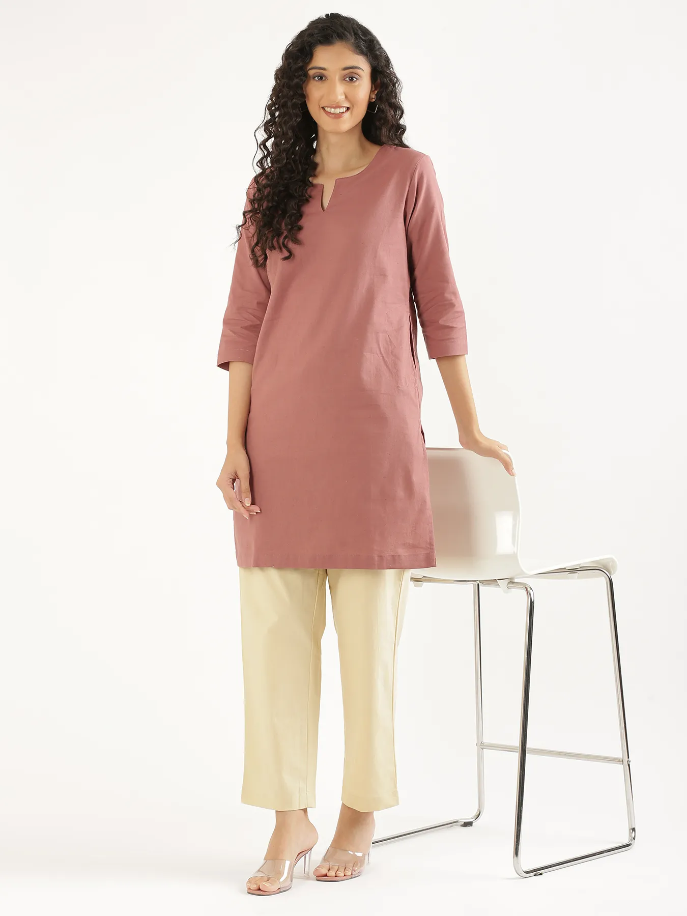Women Rose Taupe Airy Linen Mid Thigh Length Kurta - Image 11