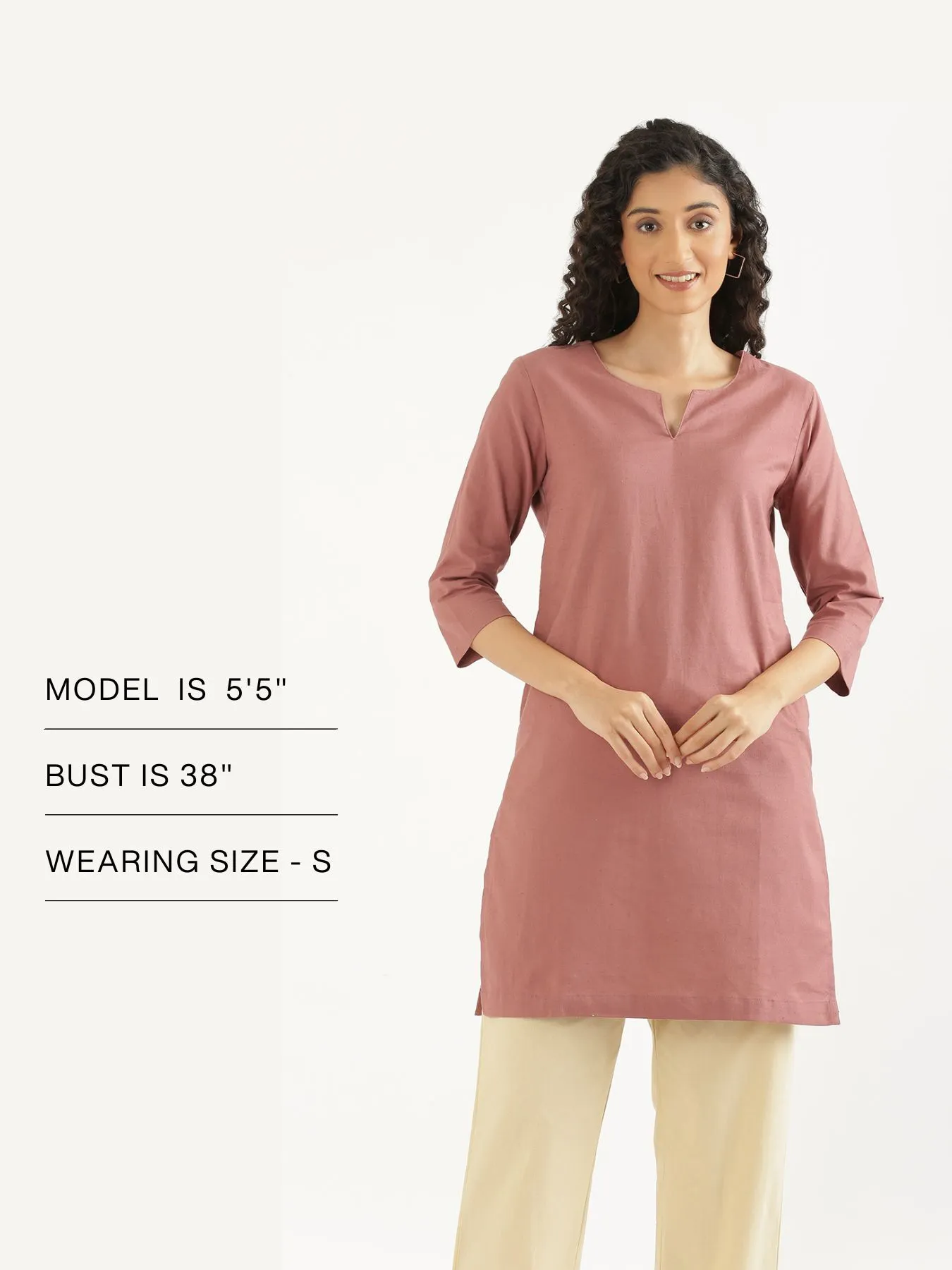 Women Rose Taupe Airy Linen Mid Thigh Length Kurta - Image 14