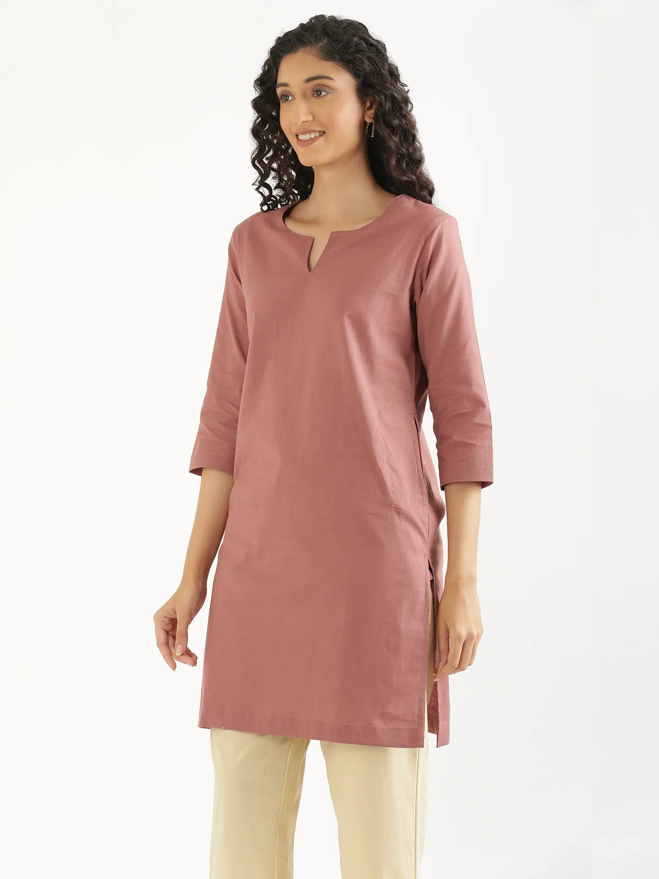 Women Rose Taupe Airy Linen Mid Thigh Length Kurta - Image 8