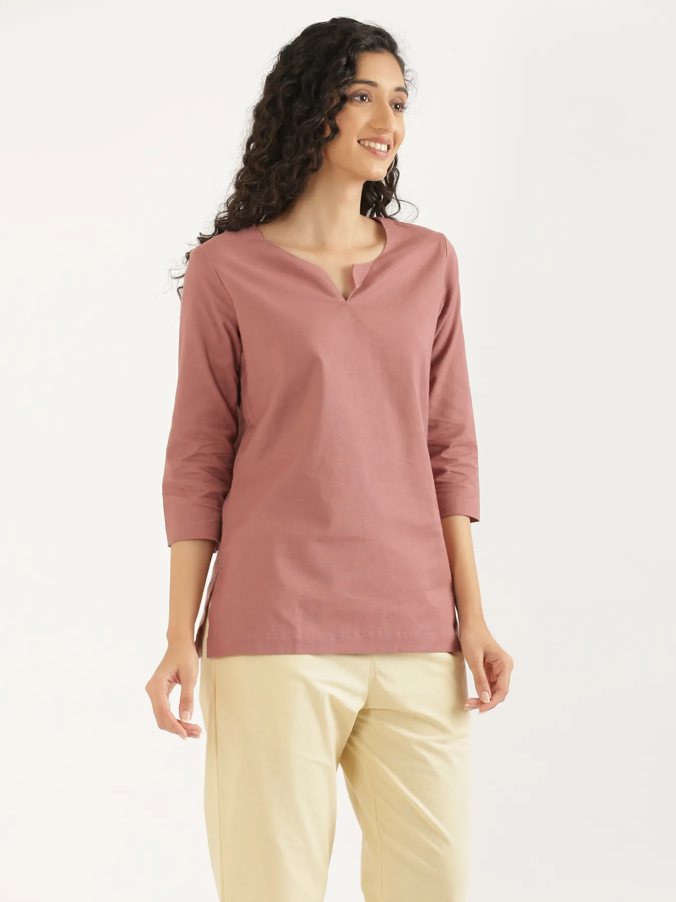 Women Rose Taupe Airy Linen Split Neck Short Kurta - Image 11