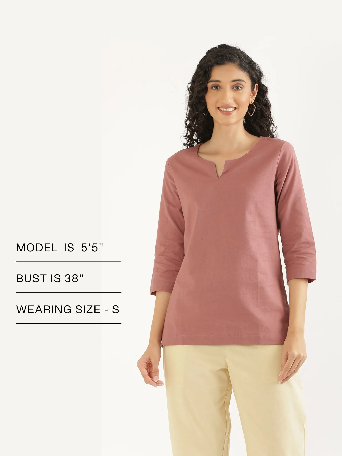 Women Rose Taupe Airy Linen Split Neck Short Kurta - Image 15