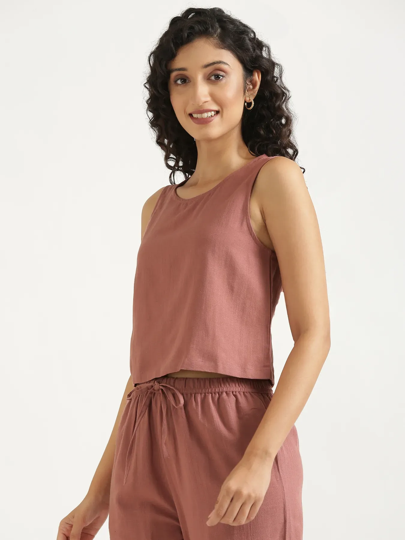 Women Rose Taupe Flowy Linen Crop Top - Image 8