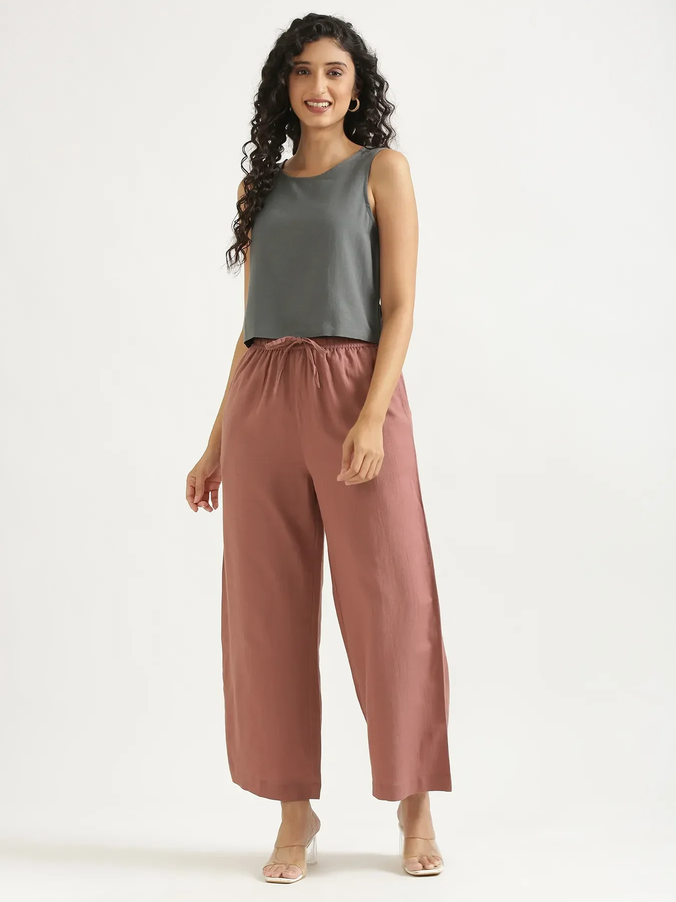 Women Rose Taupe Flowy Linen Wide Leg Pants - Image 13