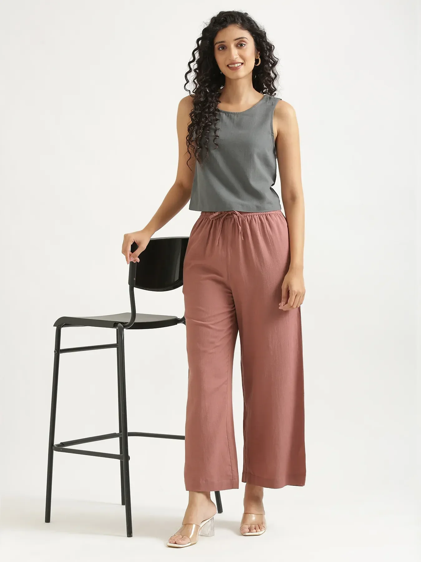Women Rose Taupe Flowy Linen Wide Leg Pants - Image 14